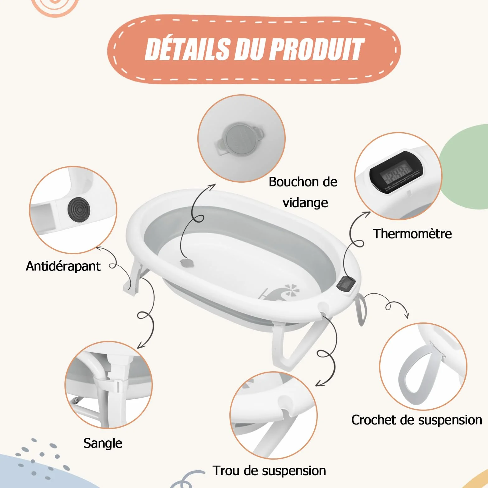 Baignoire Bébé Pliable Sur Pied XXL avec Support, Thermomètre 2.0, Siège et Kit de Drainage
