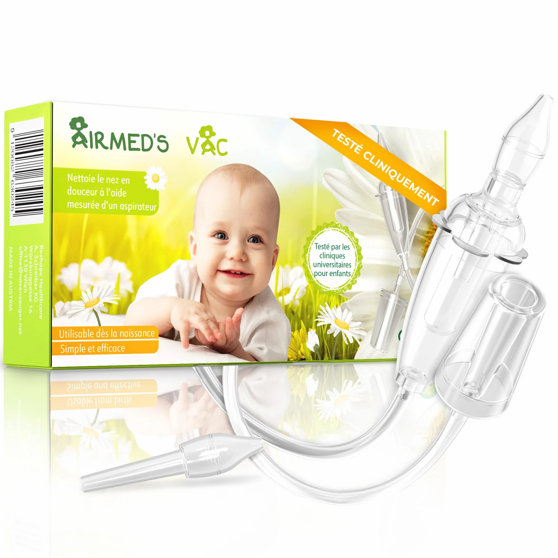 Airmed's Aspirateur Nasal Bébé - Testé Cliniquement, Sûr et Doux - Nez Dégagé en 3 Secondes - 2 Embouts + Brosse
