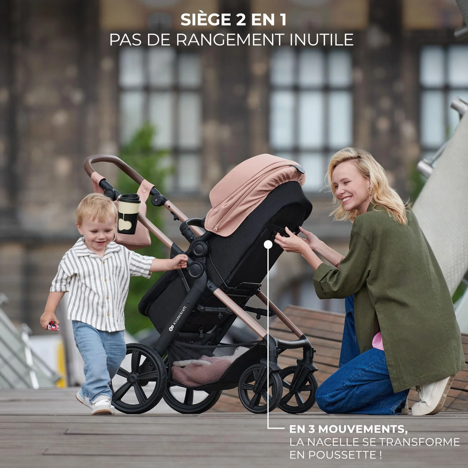 Kinderkraft MOOV 2 Poussette 3 en 1 Travel System avec nacelle 2-en-1 siège auto i-Size Gris