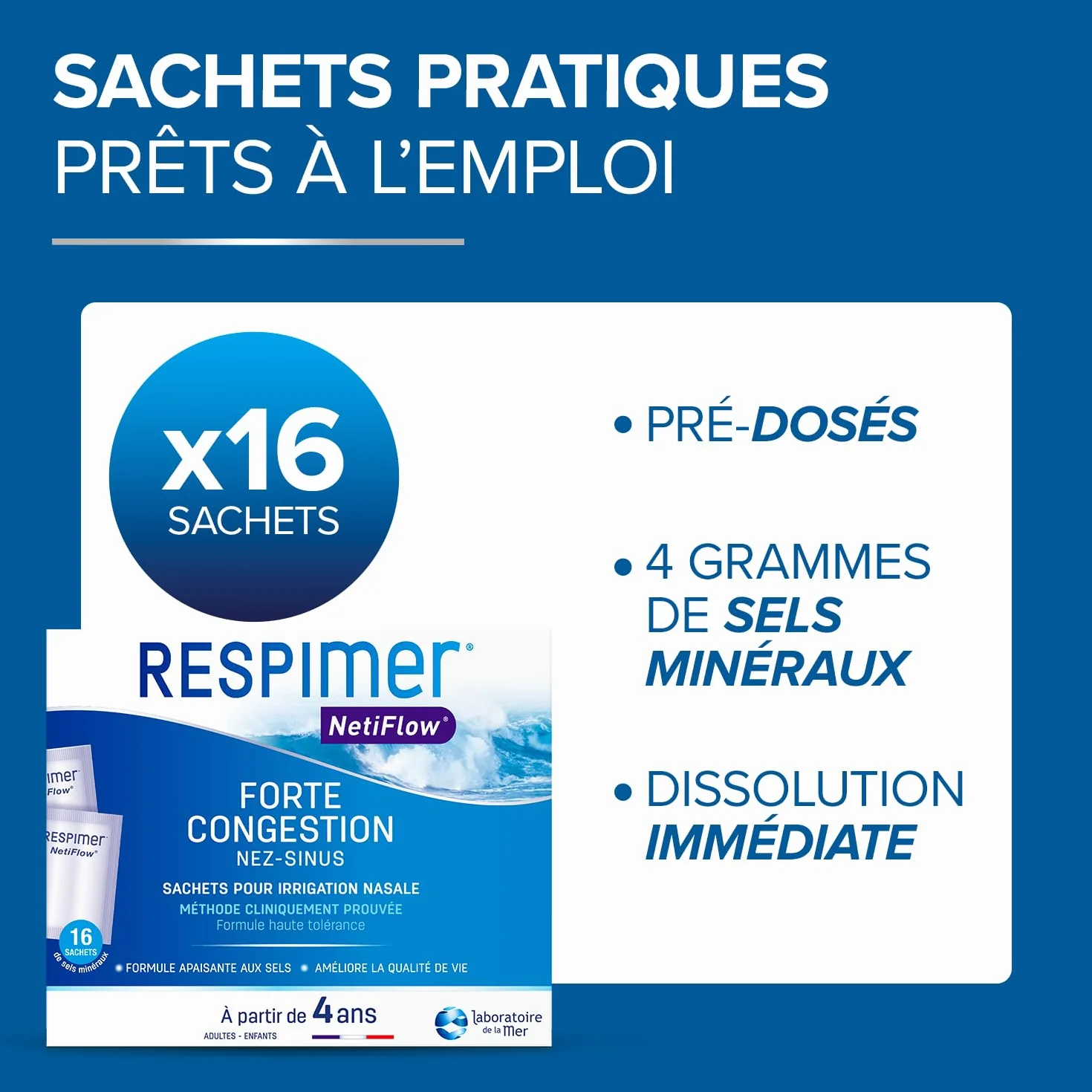 RESPIMER NetiFlow 16 Sachets Sels Minéraux Lavage Nez Recharge Irrigation Nasale Rhinites Rhinosinusites