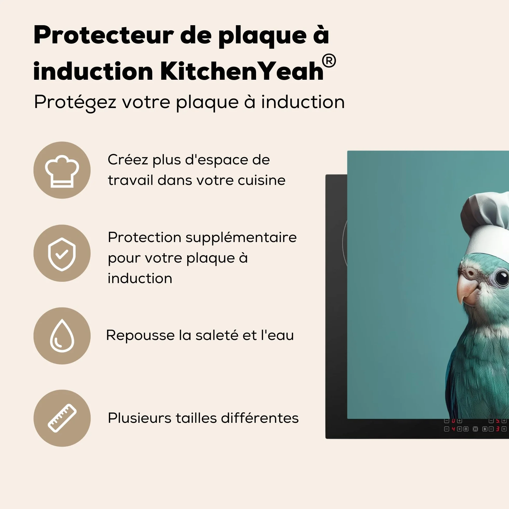 KitchenYeah Protection Plaque Induction 59x52 cm Protege Cuisine Cache Protège Cuisson Accessoires Perruche Oiseau Toque Chef Mignon
