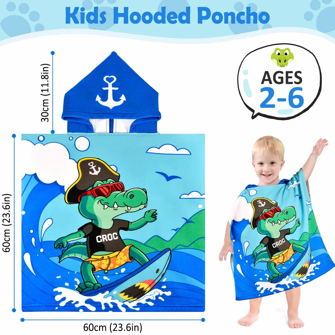 Serviette de Bain Enfant Poncho Crocodile Cape de Bain Fille Garcon Super Absorbant Séchage Rapide Poncho à Capuche Surf Sortie de Bain Bébé 2-6 Ans