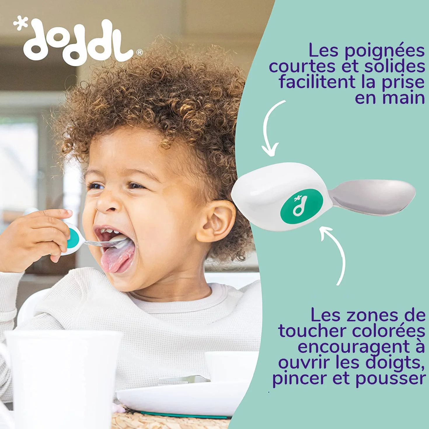 Ensemble 2 pièces cuillère fourchette doddl - Couverts pour tout-petit, ustensiles sevrage 1 an+ Aqua