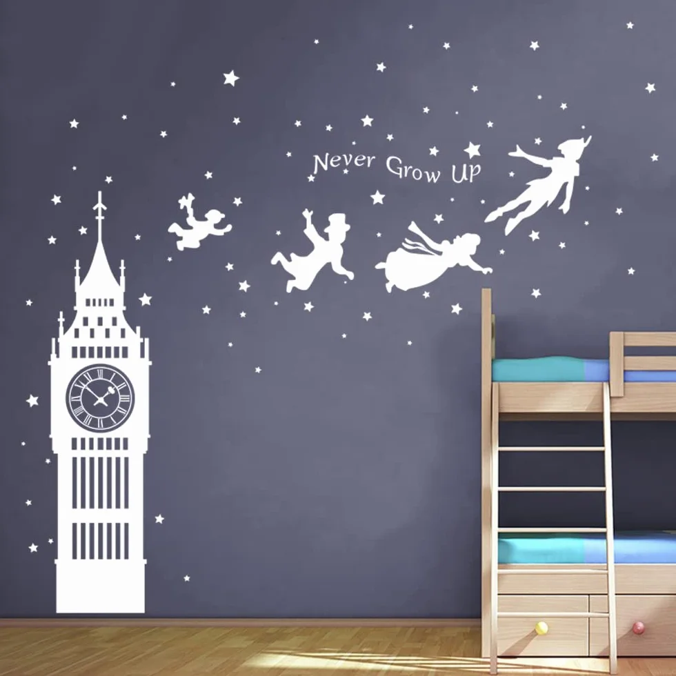 Autocollant Mural Peter Pan Big Ben Silhouette Étoiles Décoration Chambre Enfants Fille Garçon Bébé
