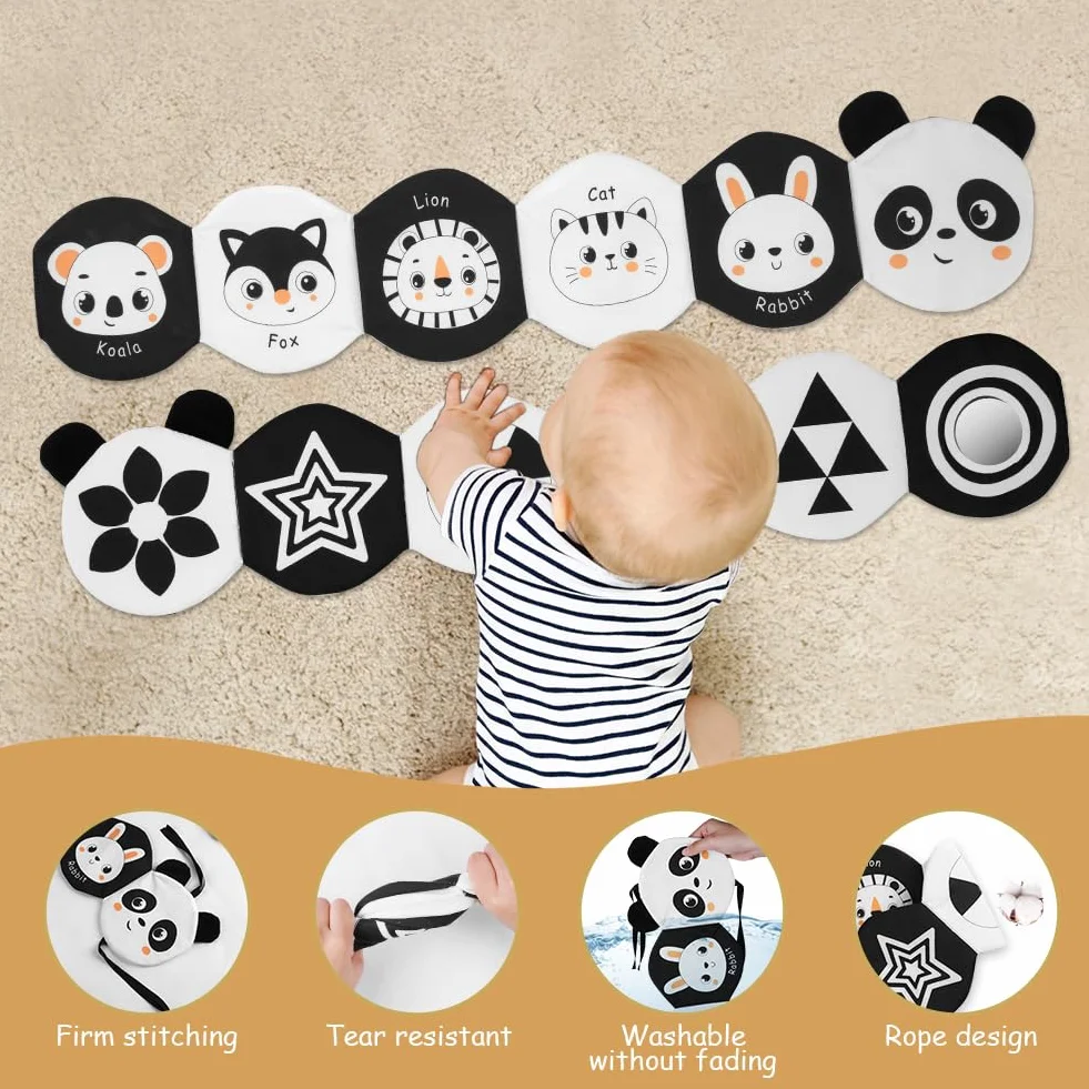 HOTUT Livre Tissu Bébé Eveil, Livre Doux Froissé 3D Noir et Blanc Montessori, Sensoriel 6-12 Mois, Cadeau Naissance Garçon Fille Double Face