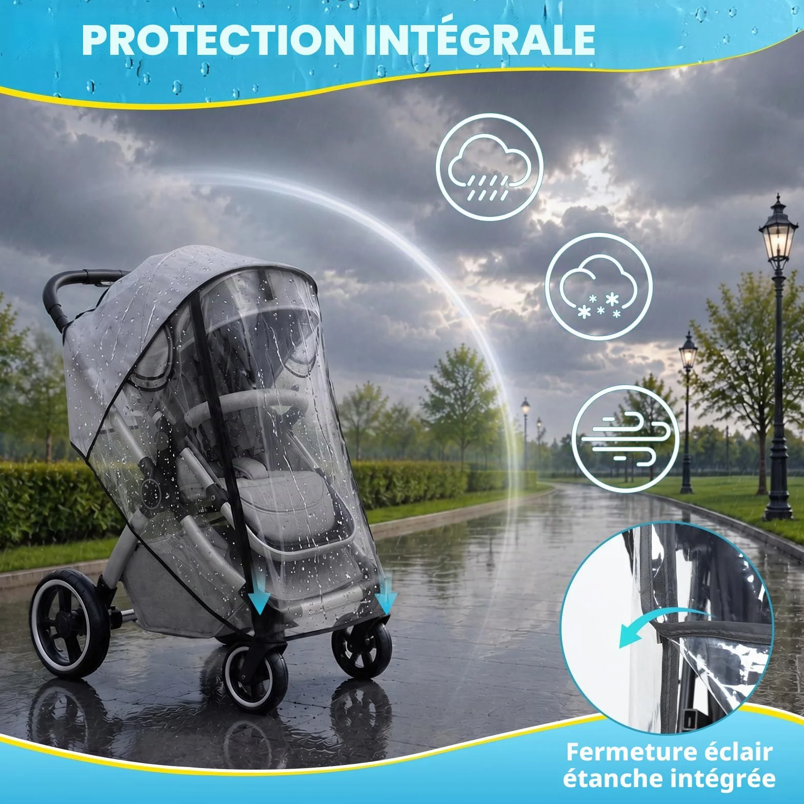 Habillage Pluie Universelle pour Poussette, Protection Pluie Transparente EVA avec Porte Enroulable