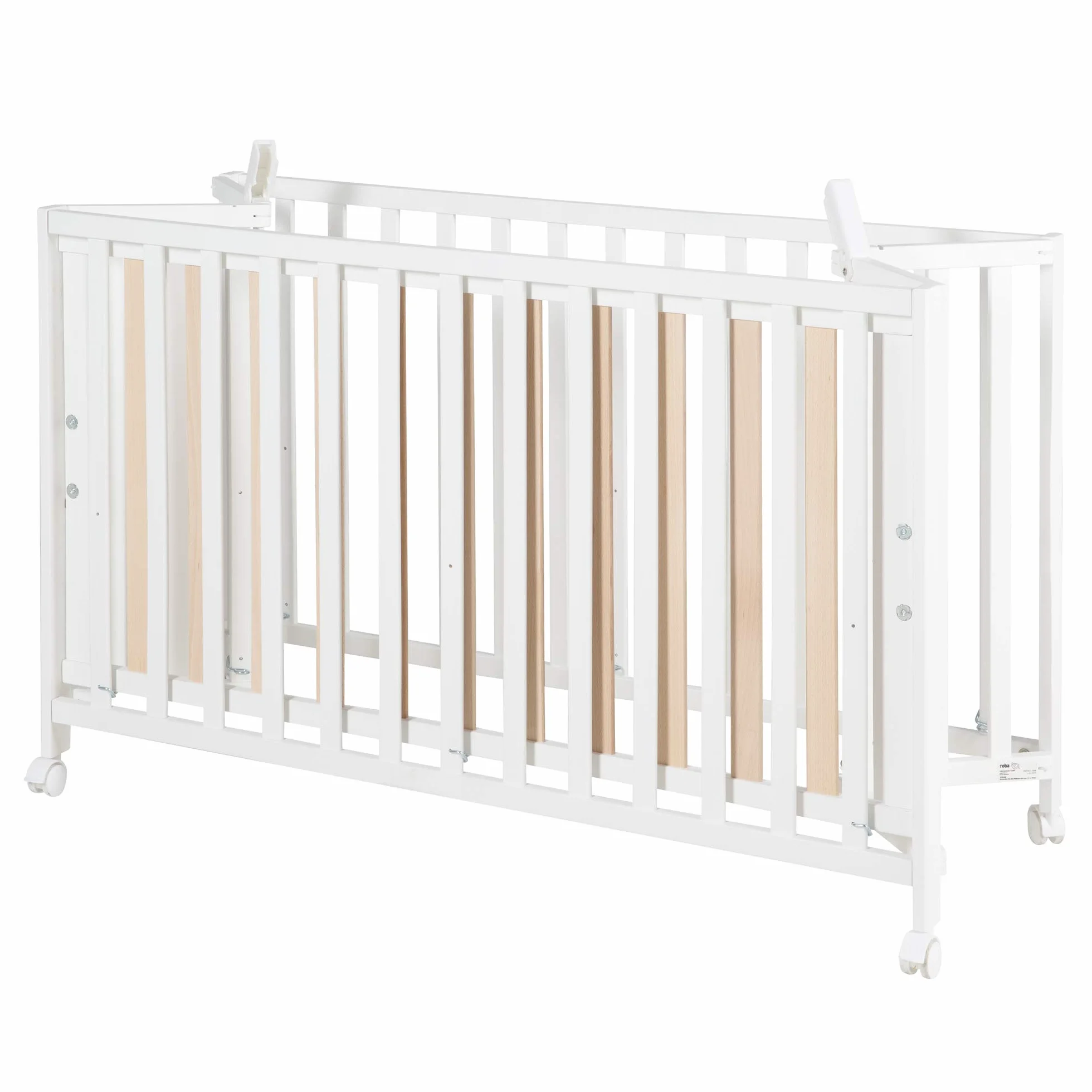 roba Lit Bébé Pliant en Hêtre Fold Up 60x120 cm avec Roulettes à Freins Blanc