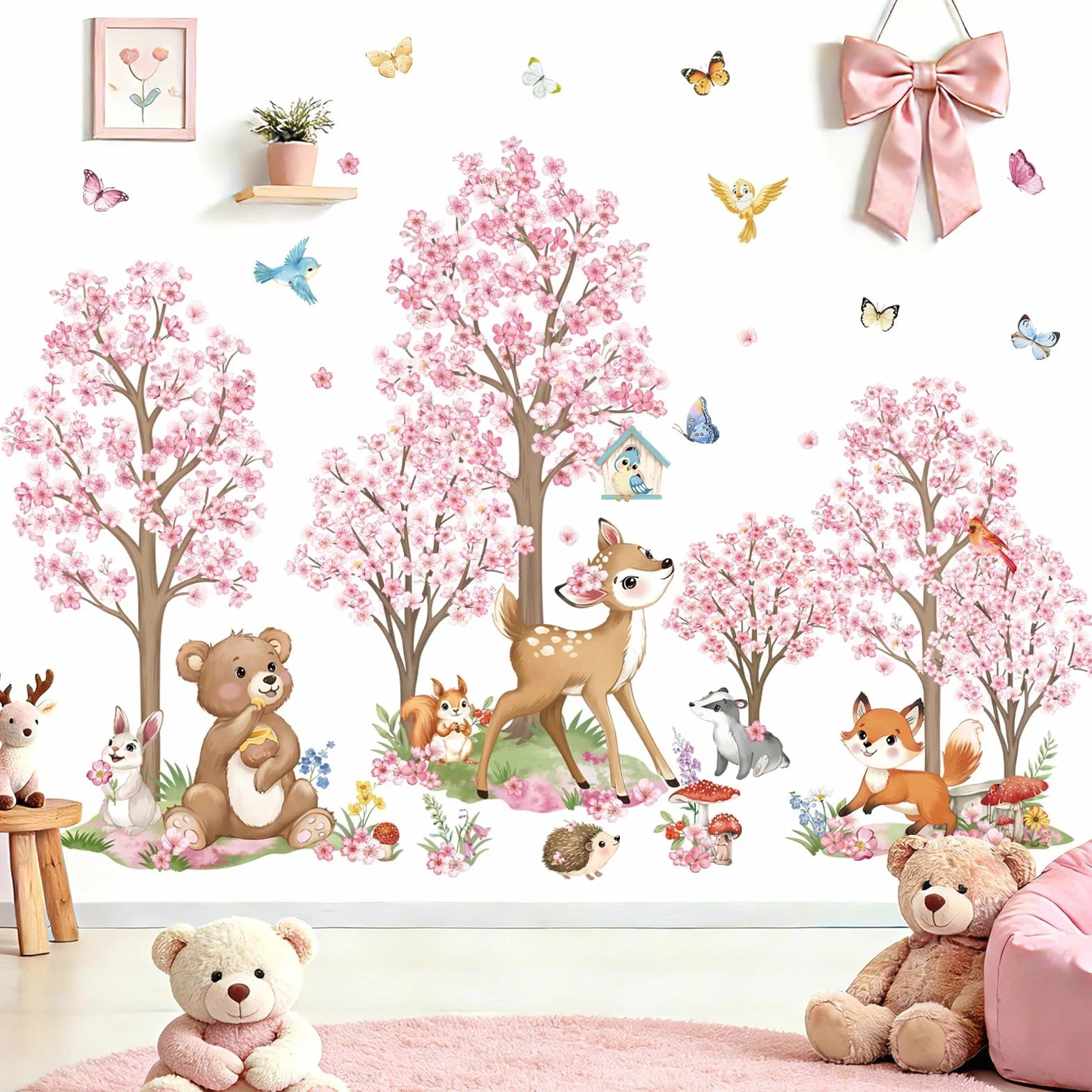 Wondever Stickers Muraux Enfants Fille Fleurs de Cerisier Arbre Grand Autocollants Muraux Forêt Animaux Ours Cerf Renard pour Chambre Bébé