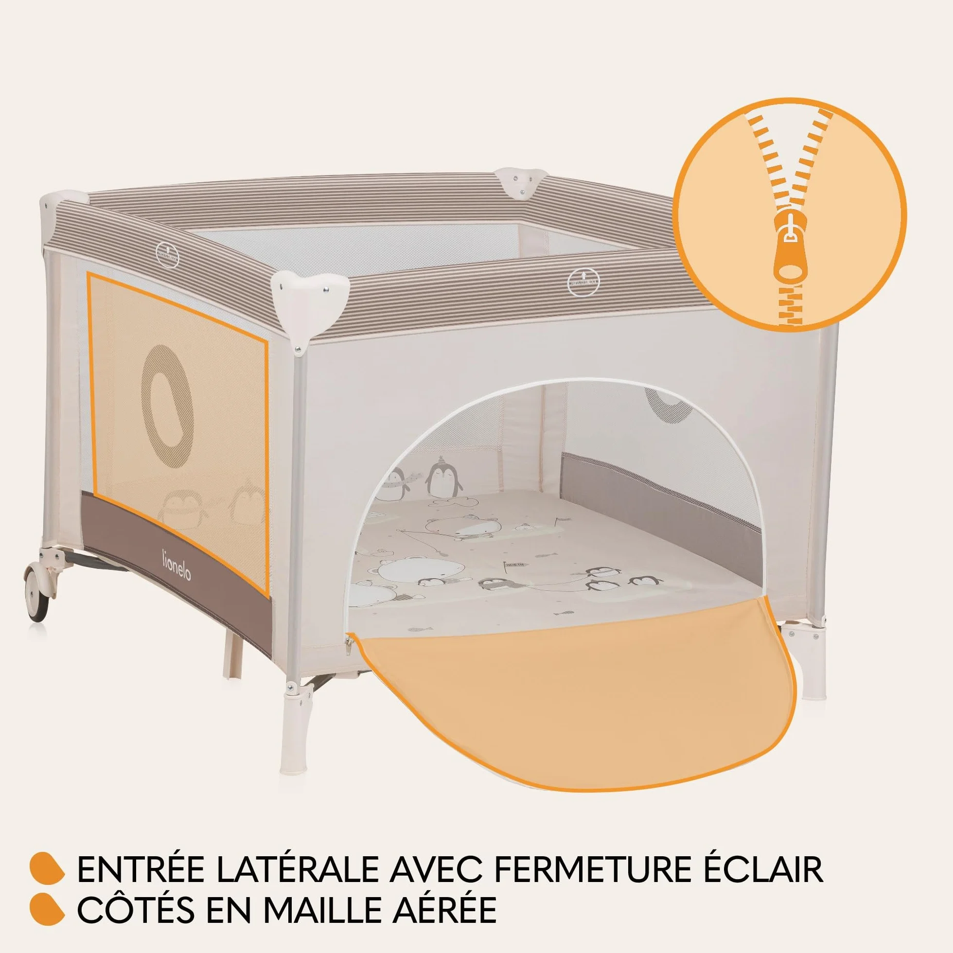 LIONELO BONNIE Parc Bébé 15 kg Naissance 36 mois Accès Latéral Zippé Filets Latéraux Aérés Pliage Rapide Roues Freinées Sac Transport Beige