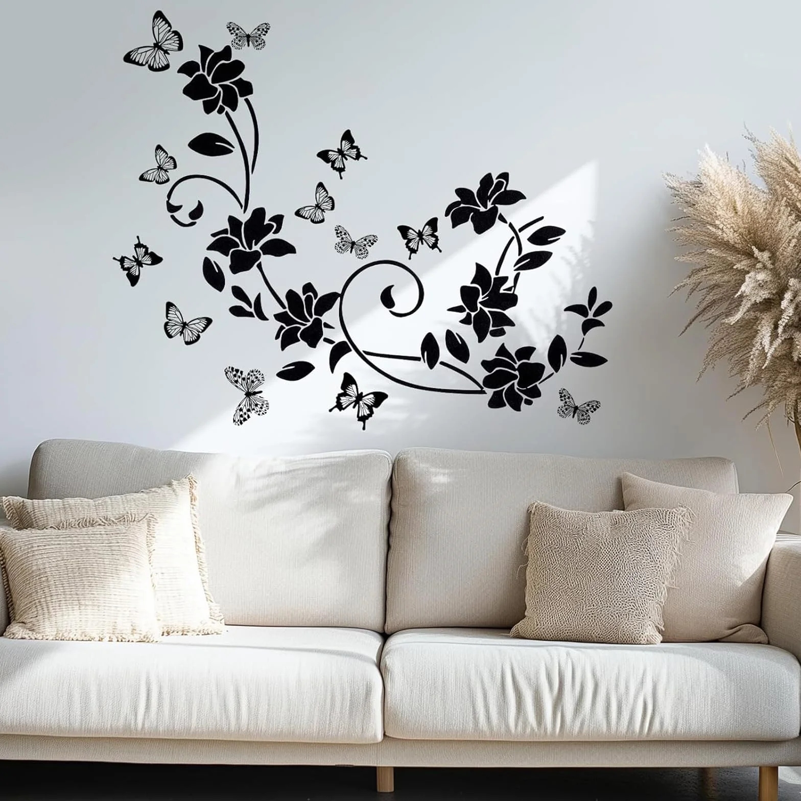 Autocollant Muraux Noir Design Moderne Fleurs Vigne Papillons PVC 30x90cm Decoration Miroir Fenêtre Salon