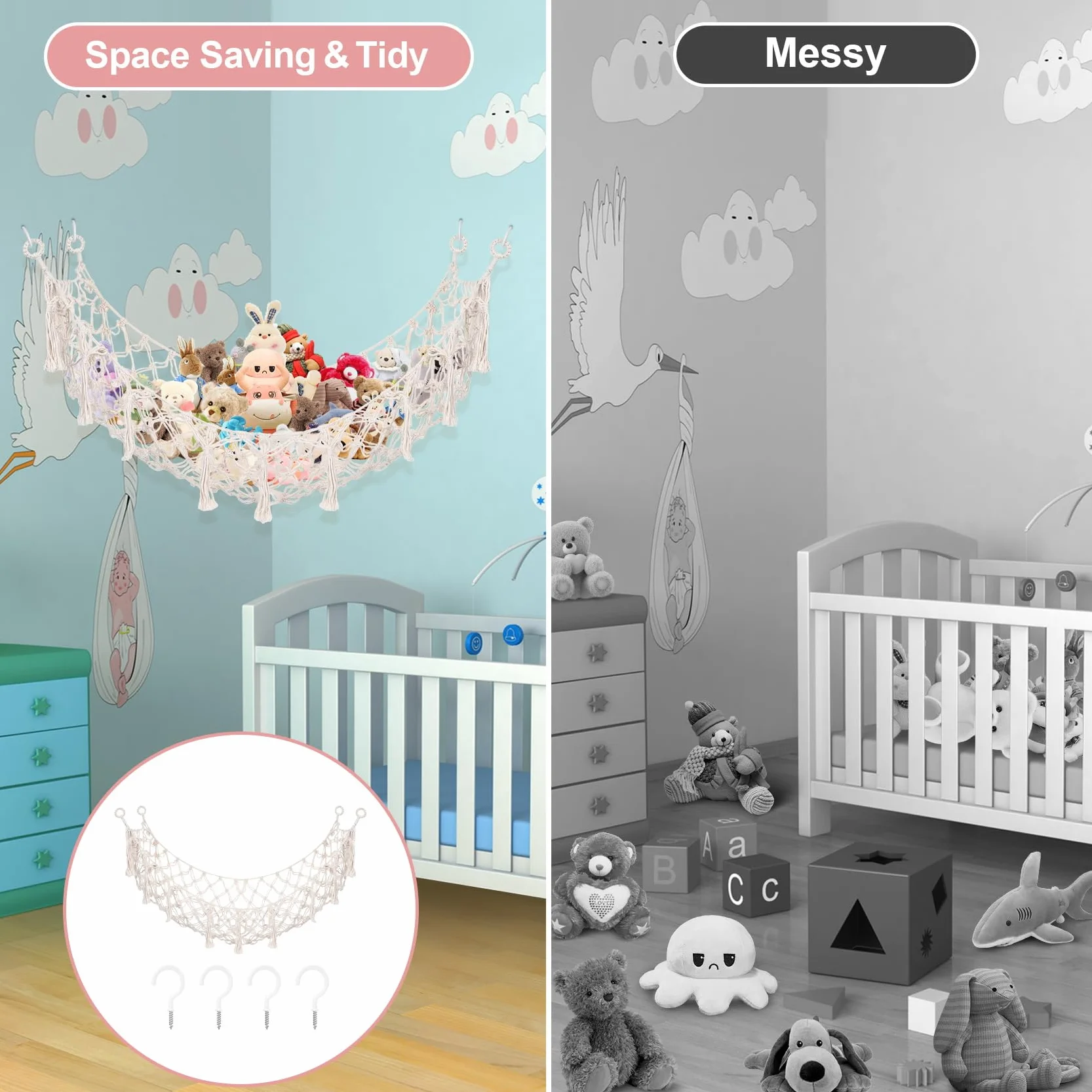 Hamac Carré en Macramé Bohème pour Animaux en Peluche, Filet de Rangement Mural en Coton, Blanc