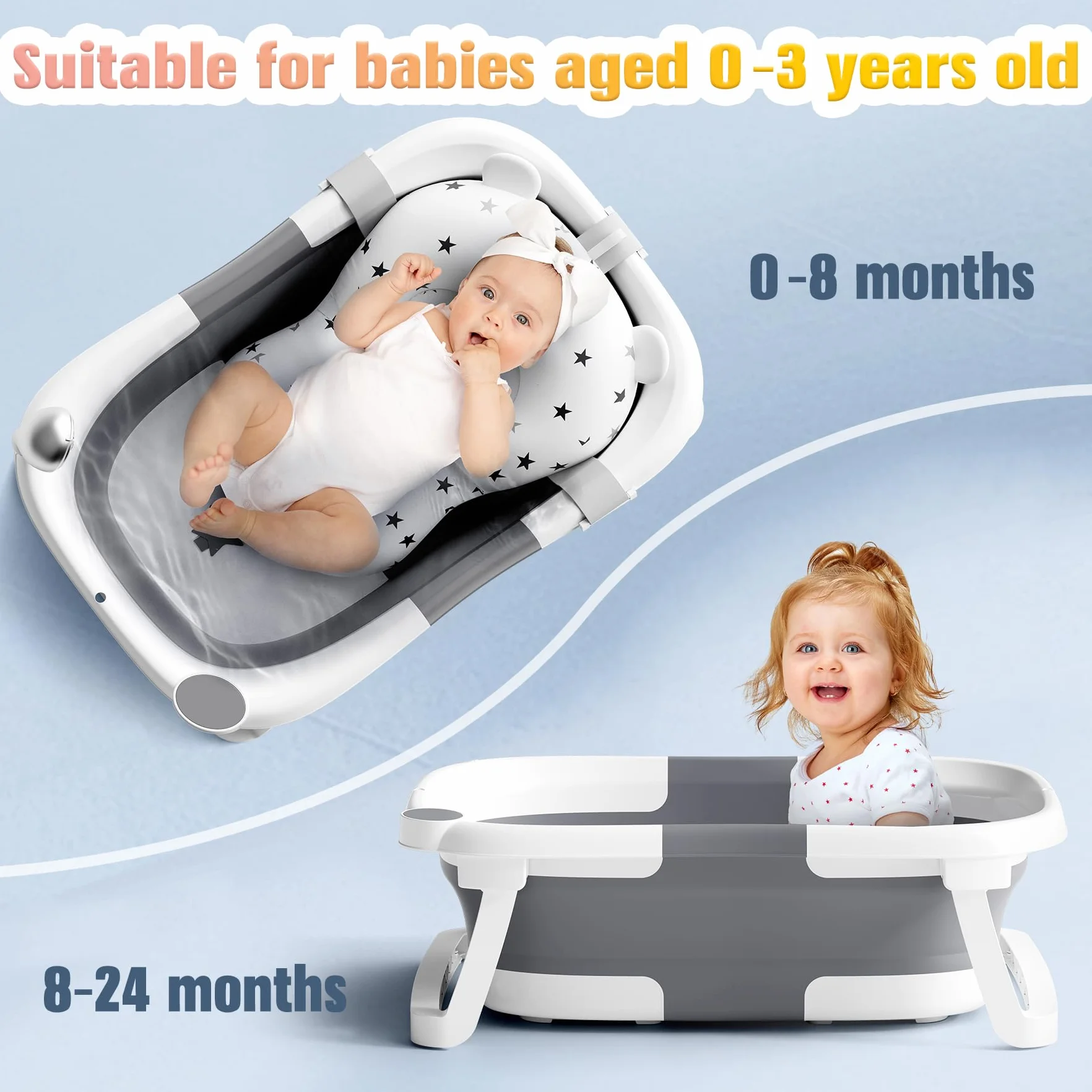 Baignoire Bébé Pliable Antidérapant avec Tapis et Trous de Drainage pour Nouveau-Nés et Tout-Petits Gris