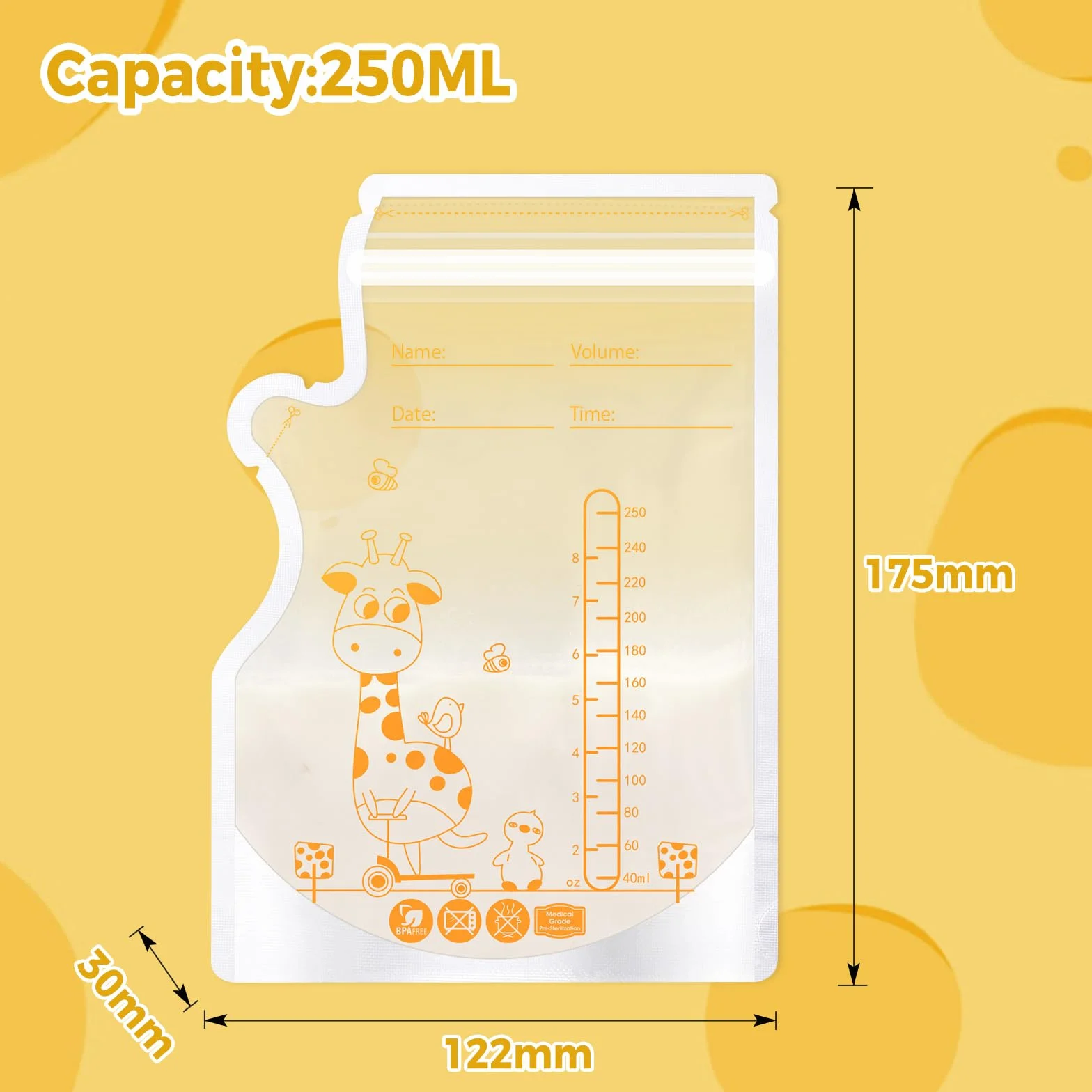 Oderra Sachet Conservation Lait Maternel 50/100 PCS 250/180 ML Double Fermeture Étanche Pré-Stérilisé