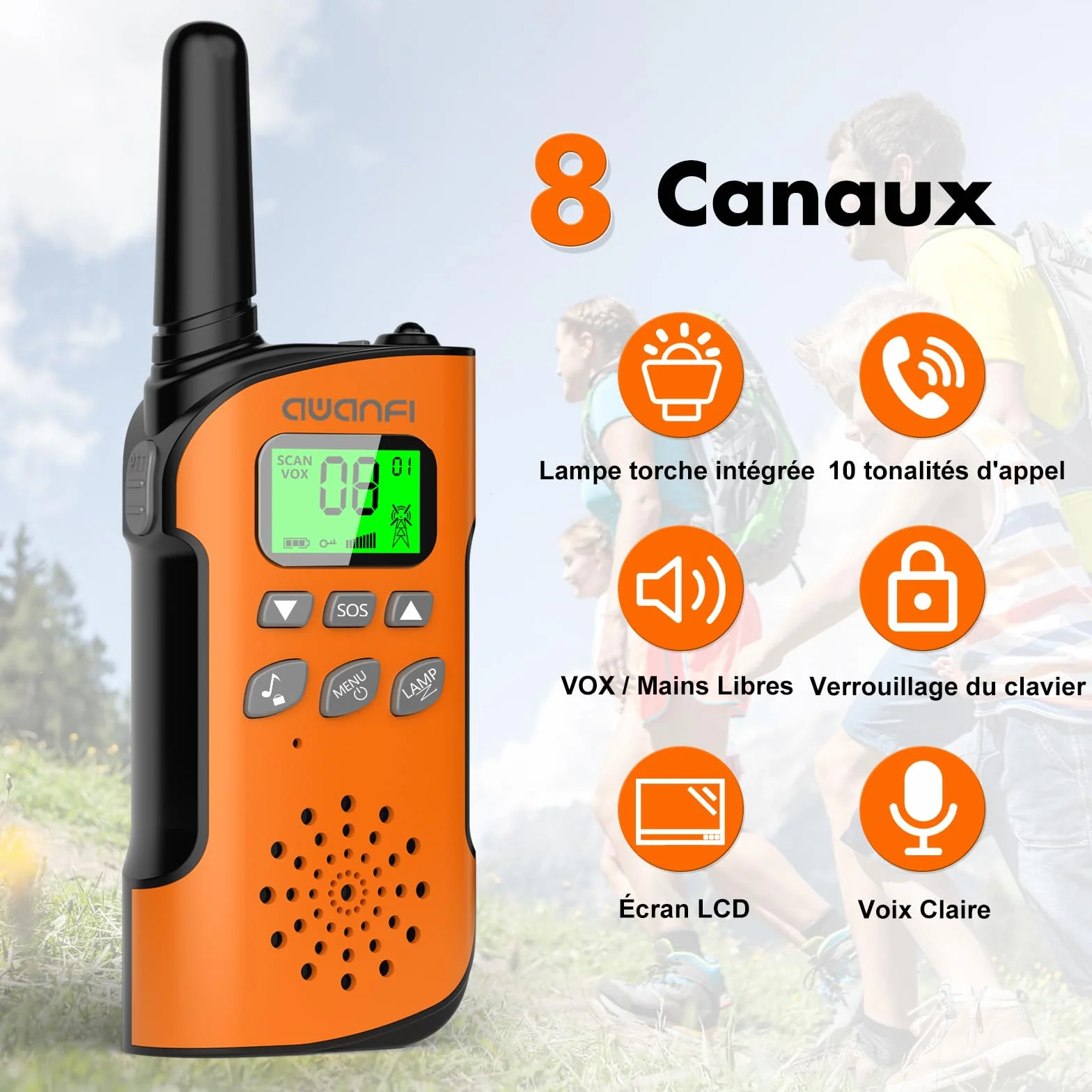 Talkie Walkie Enfants Adultes Rechargeable 3 Pièces, Longue Portée Lampe Torche 8 Canaux, USB Type C pour Camping Randonnée Vélo