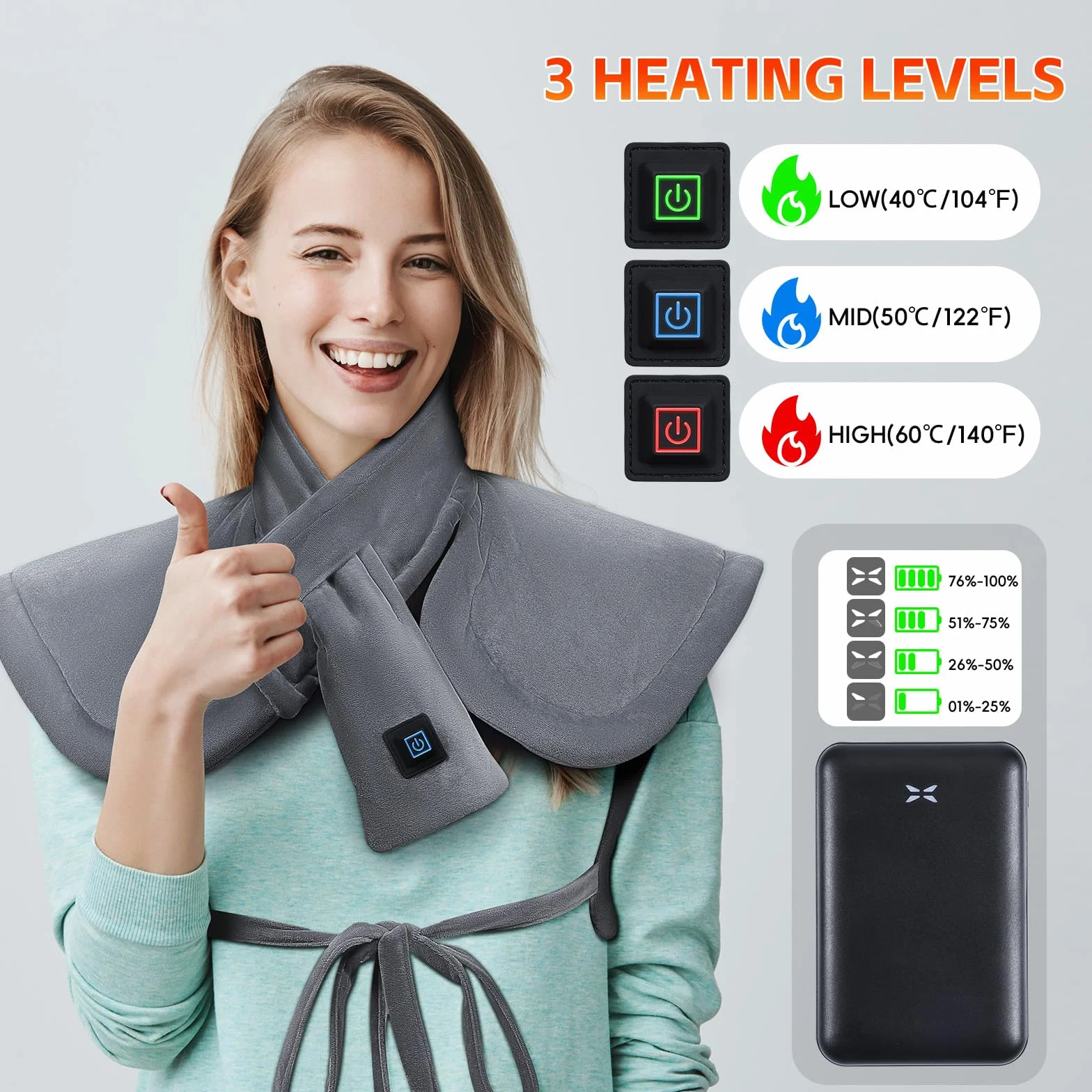 Coussin Chauffant Graphène Cou et Dos 10000mAh 3 Niveaux Réglage Température Arrêt Automatique