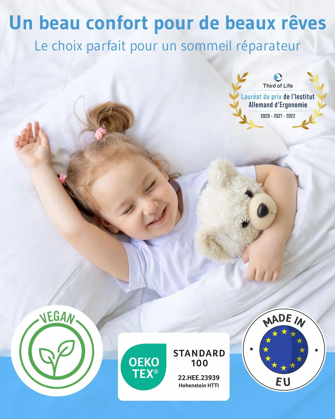 Oreiller pour Enfant 40x60 Oeko-TEX® Hauteur réglable Coussin Durable Housse en Coton Bio Lavable en Machine
