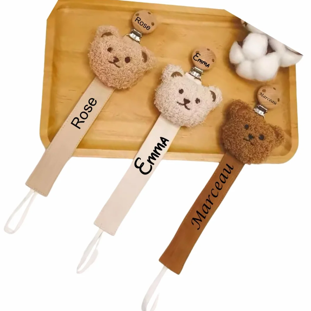 Attache tétine personnalisé prénom coton côtelé bois ours en peluche