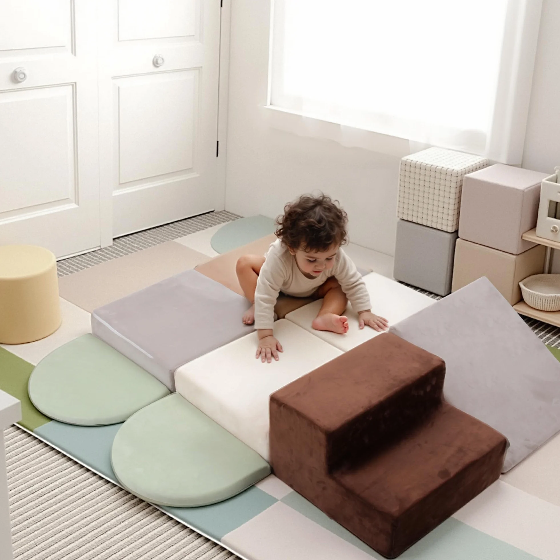 BanaSuper Parcours de Motricité 7 pcs, Blocs de Mousse Bébé, Module de Motricité Enfant Intérieur, Tapis de Jeu & Blocs d'escalade