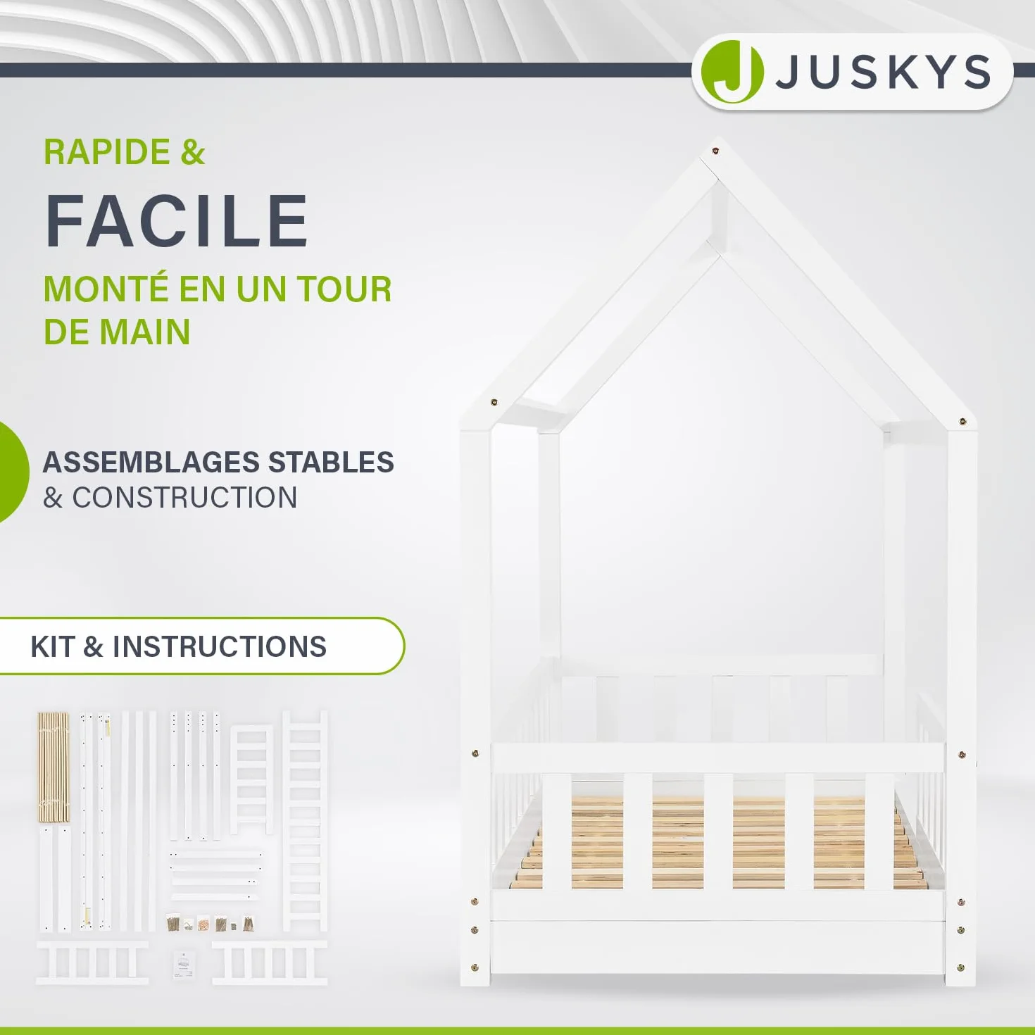 Juskys Lit Cabane Enfant Marli 80x160 cm Bois Massif Blanc avec Protection Antichute