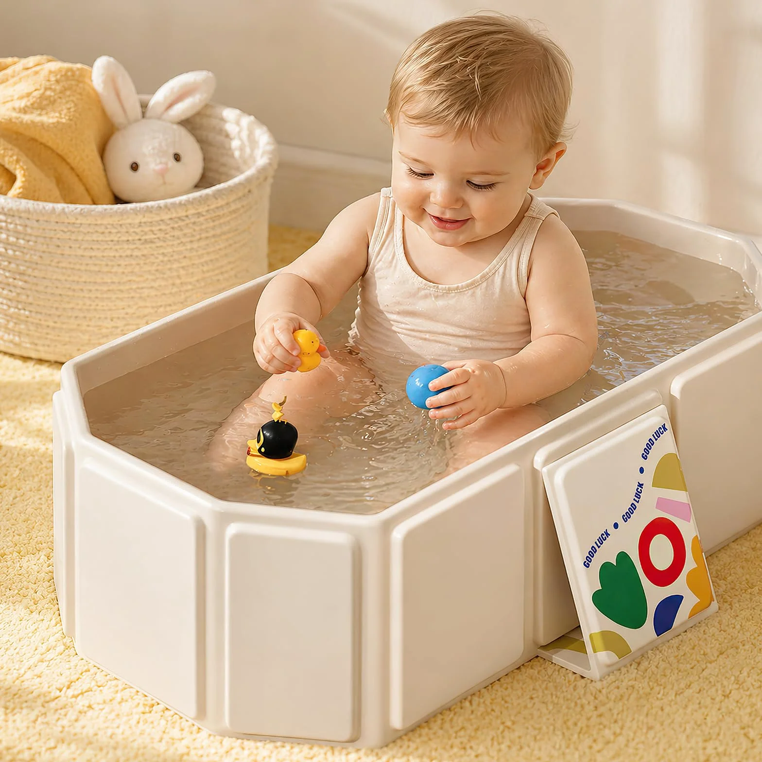 Baignoire pliable bébé pour enfants 0-8 ans avec bouchon de vidange, Beige