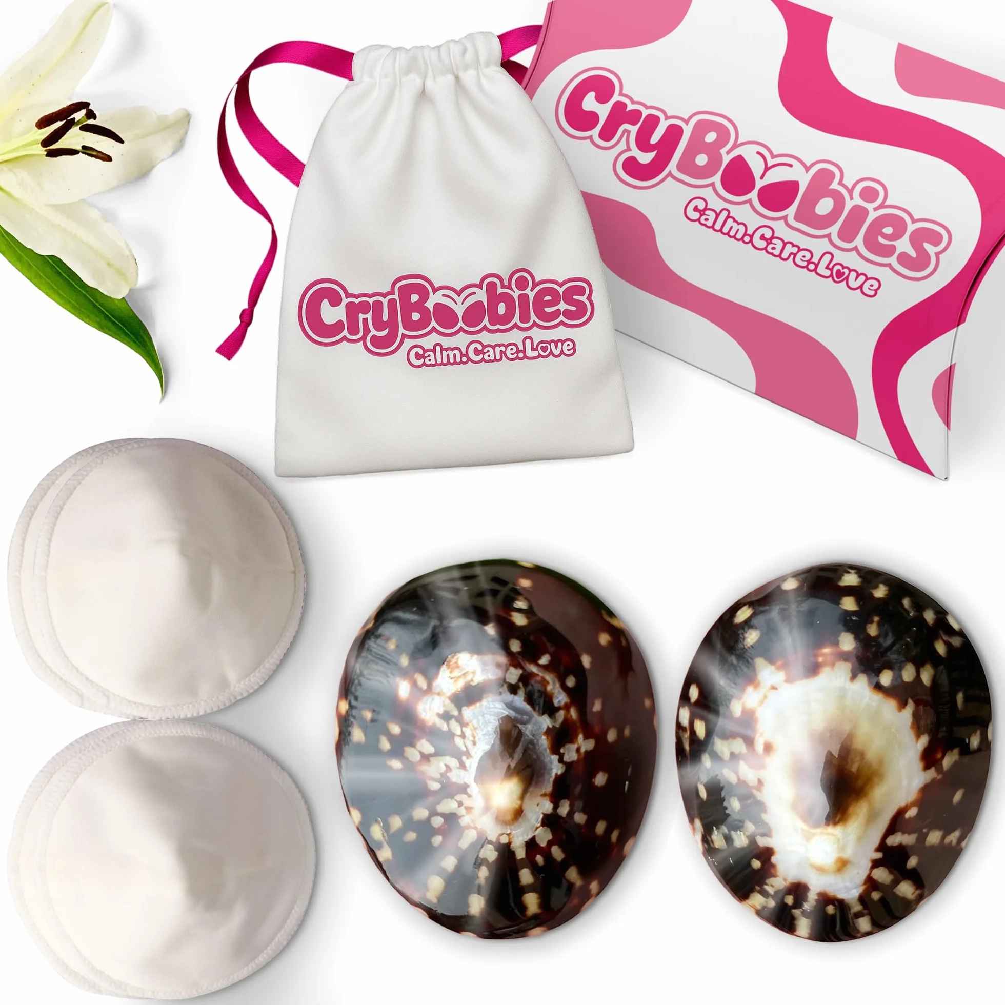 Coquillages d'allaitement + 4 Coussinets + Collier + Bracelet Quartz Rose - Cadeau fête des mères