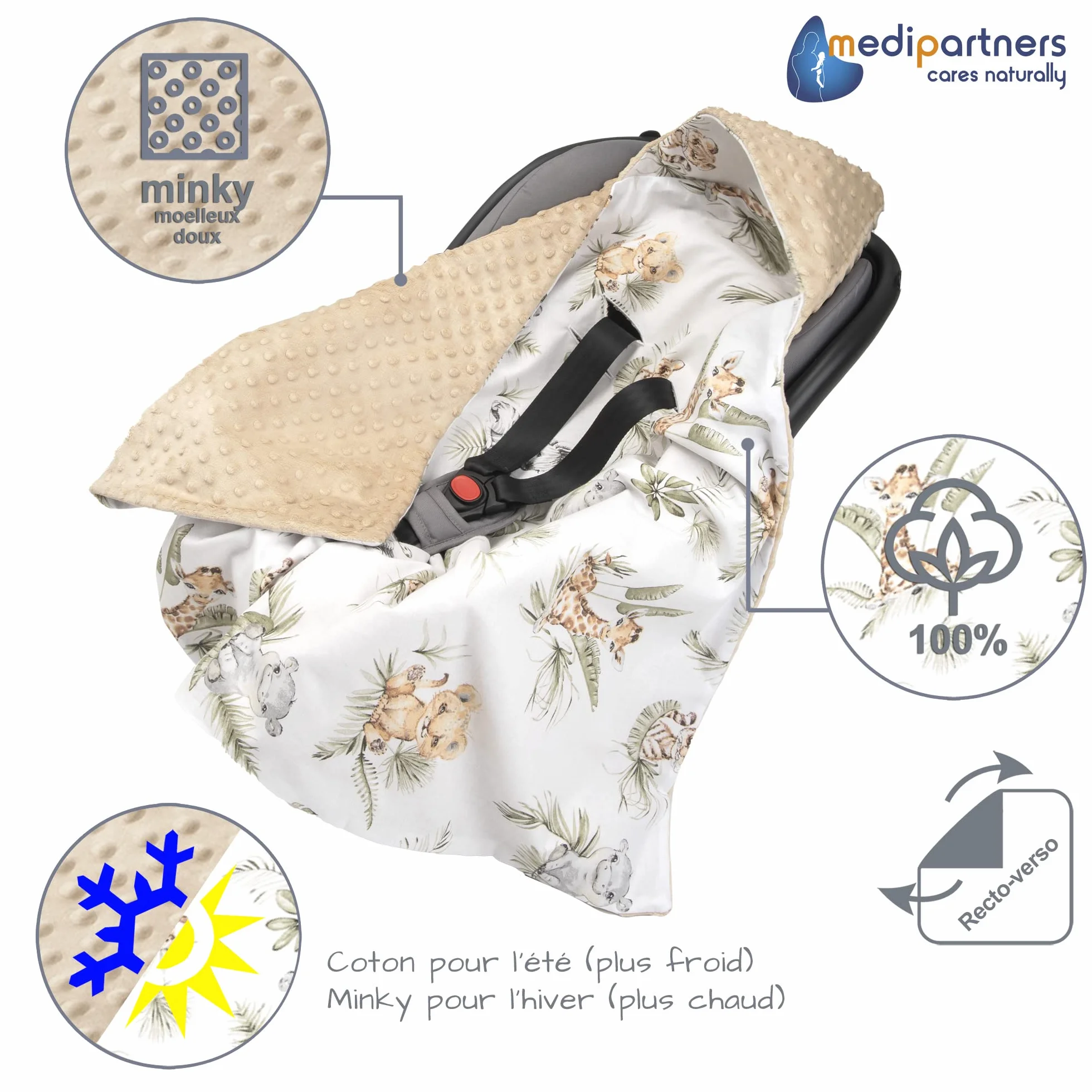 Couverture enveloppante Bébé Siège Auto 85x85cm Oeko-Tex Nid d'Ange Safary Minky Beige