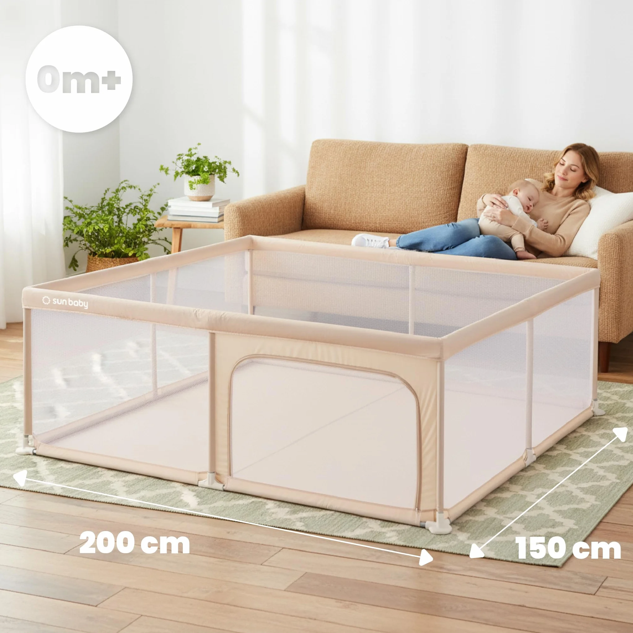 Sun Baby Parc Enfant 150x200 cm Beige Polyester Filet Zippé Antidérapants Sac Transport Métal