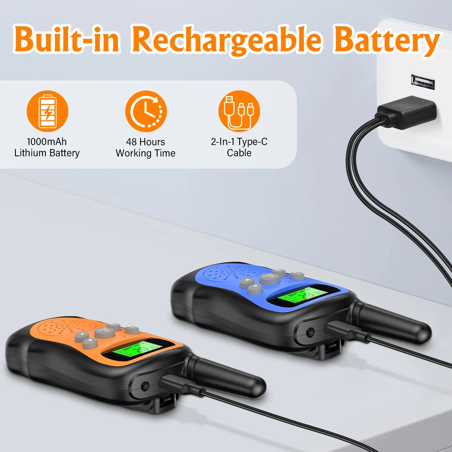 Pakinui Talkie Walkie Enfants Rechargeable Longue Portée 3 KM Batterie 1000mAh Ensemble de 2 avec Lampe de Poche VOX Camping Randonnée