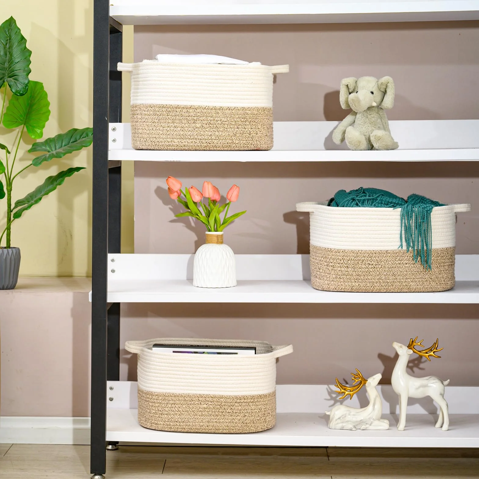 Lot de 3 paniers de rangement tissés en corde de coton 38 x 25 x 22 cm