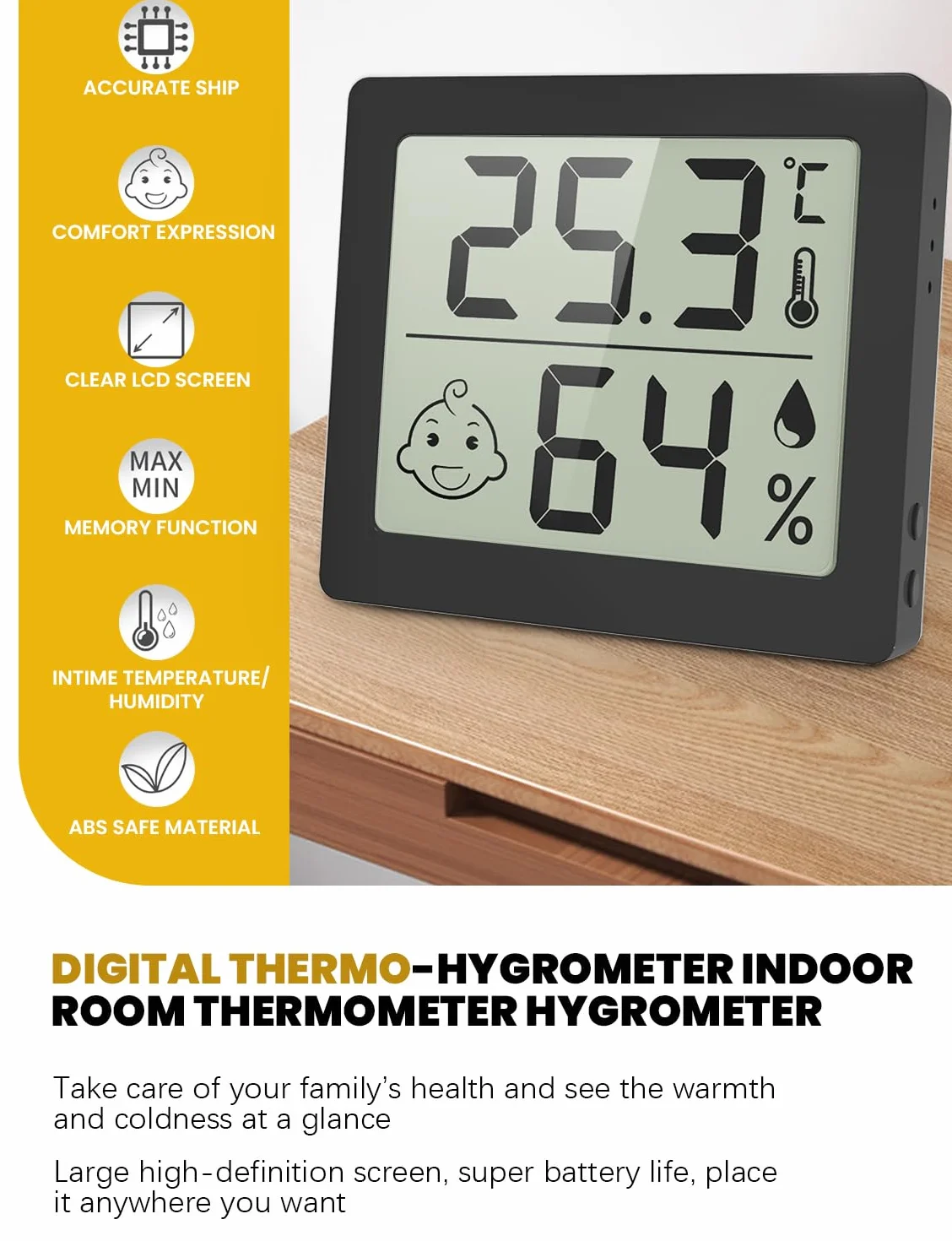 Thermomètre hygromètre ultra-fin grand écran 3,1 pouces numérique température humidité noir