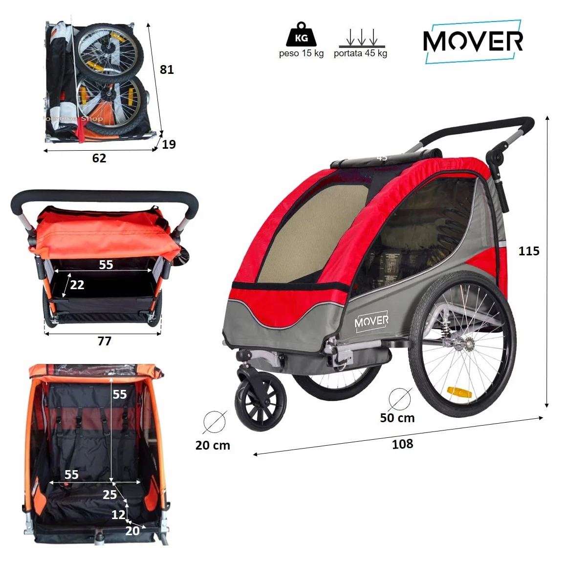 PAPILIOSHOP Remorque Vélo pour Enfants Pliable Tout-Terrain 1 ou 2 Enfants Rouge