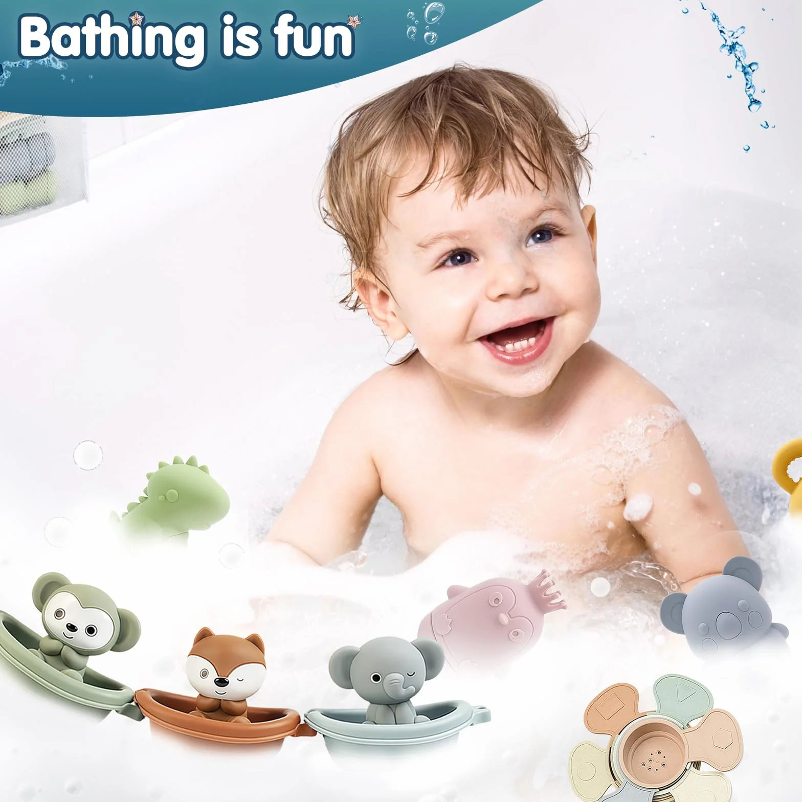 Jouets de Bain Bébé Silicone Lot de 16 Animaux Aspergeurs Empilables 1 2 3 Ans