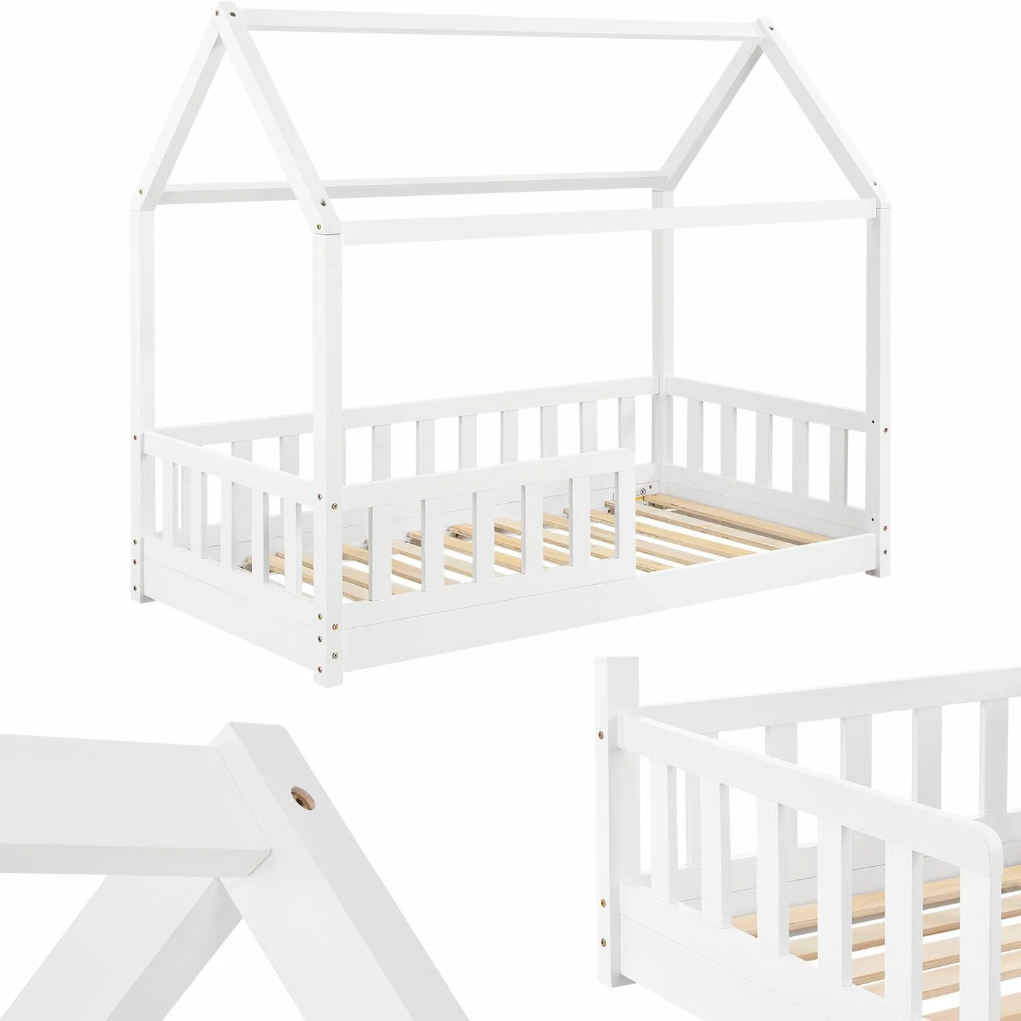 Juskys Lit Cabane Enfant Marli 80x160 cm Bois Massif Blanc avec Protection Antichute