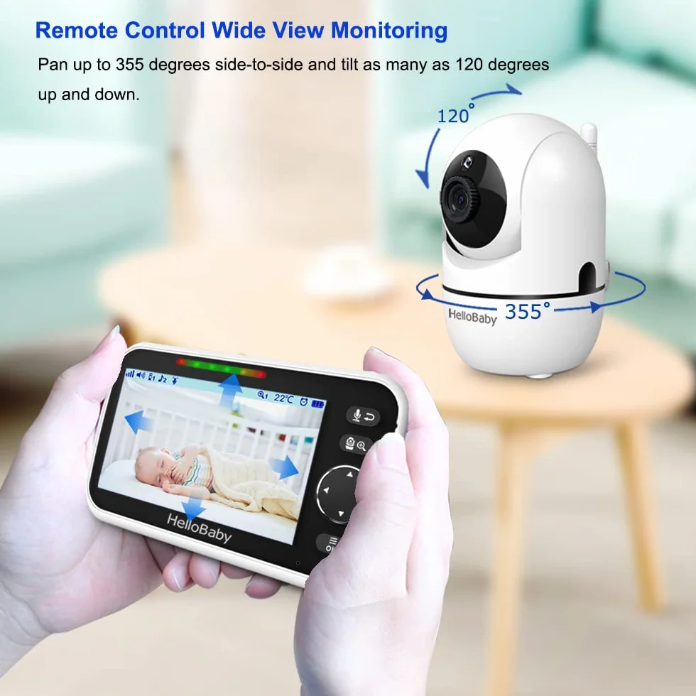 HelloBaby Moniteur bébé 12,7 cm Batterie 26 Heures 2 caméras Zoom Vidéo Audio Portée 304,8 m sans WiFi VOX Vision Nocturne Conversation bidirectionnelle 8 Langues
