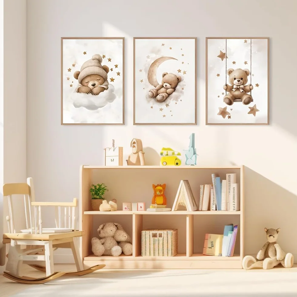 Affiche Ourson Chambre Bebe 30x40cm Poster Nounours Beige Tableau Decoration Murale Enfant Garcon Toile sans Cadre