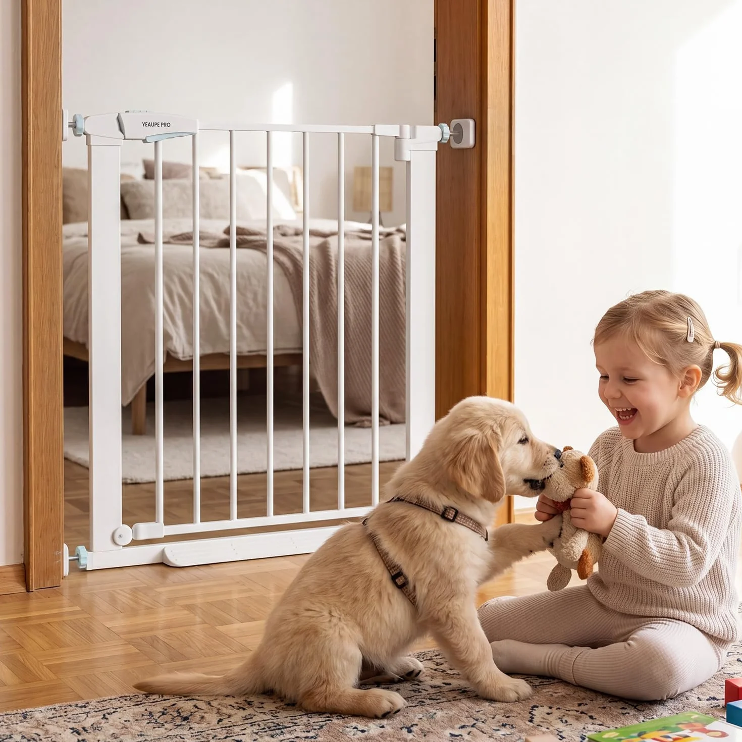 YEAUPE PRO Barrière de Sécurité Enfant 74-78 cm, Barrière Escaliers Portes Pression, Double Verrouillage, Blanc