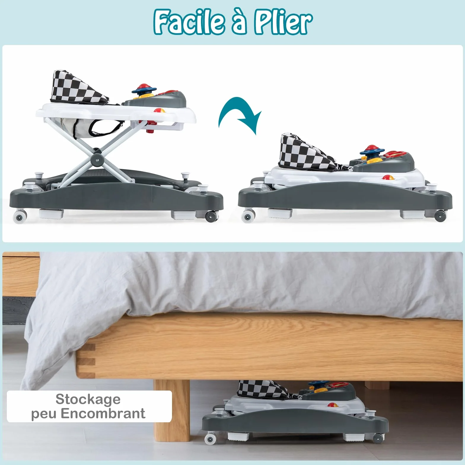 GOPLUS Trotteur Bébé Évolutif 6 en 1, Pliable avec 3 Hauteurs Réglables, Lumières, Musique, Charge 12KG, pour 6+ Mois, Gris