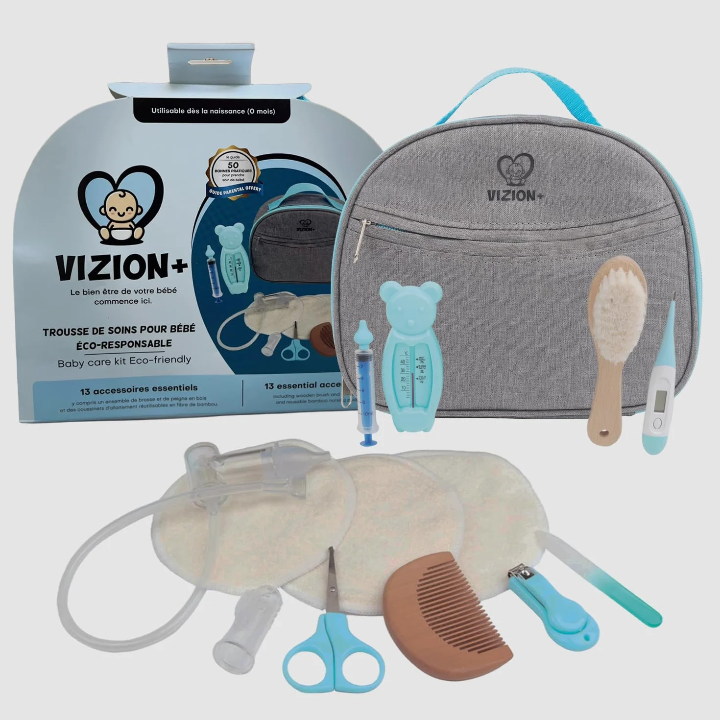 VIZION+ Trousse de Soin bébé Kit Naissance 13 Accessoires Brosse Peigne Bois Coussinets Allaitement Bambou