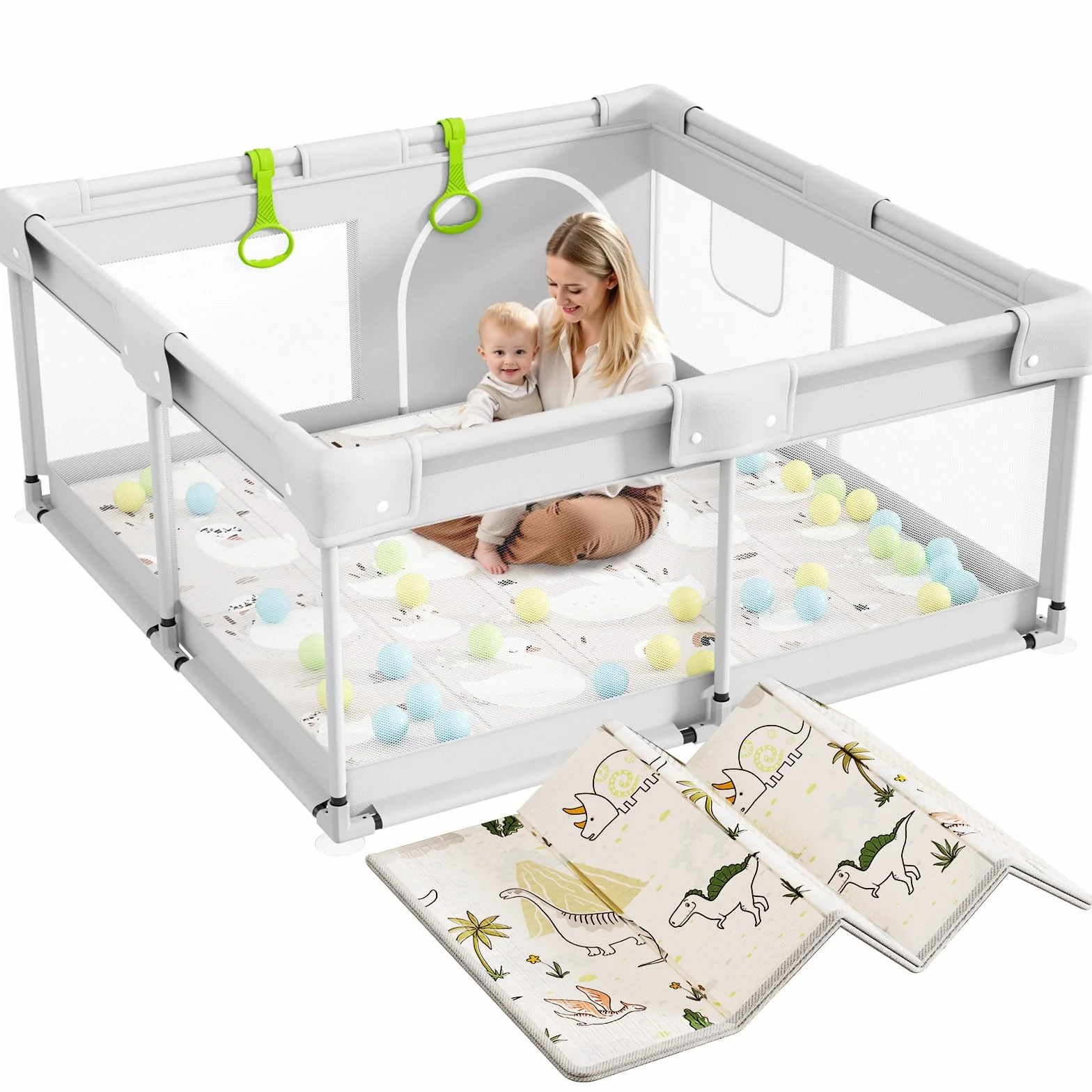 Parc bébé avec matelas 120 x 120 cm, filet respirant 4 côtés et ventouses