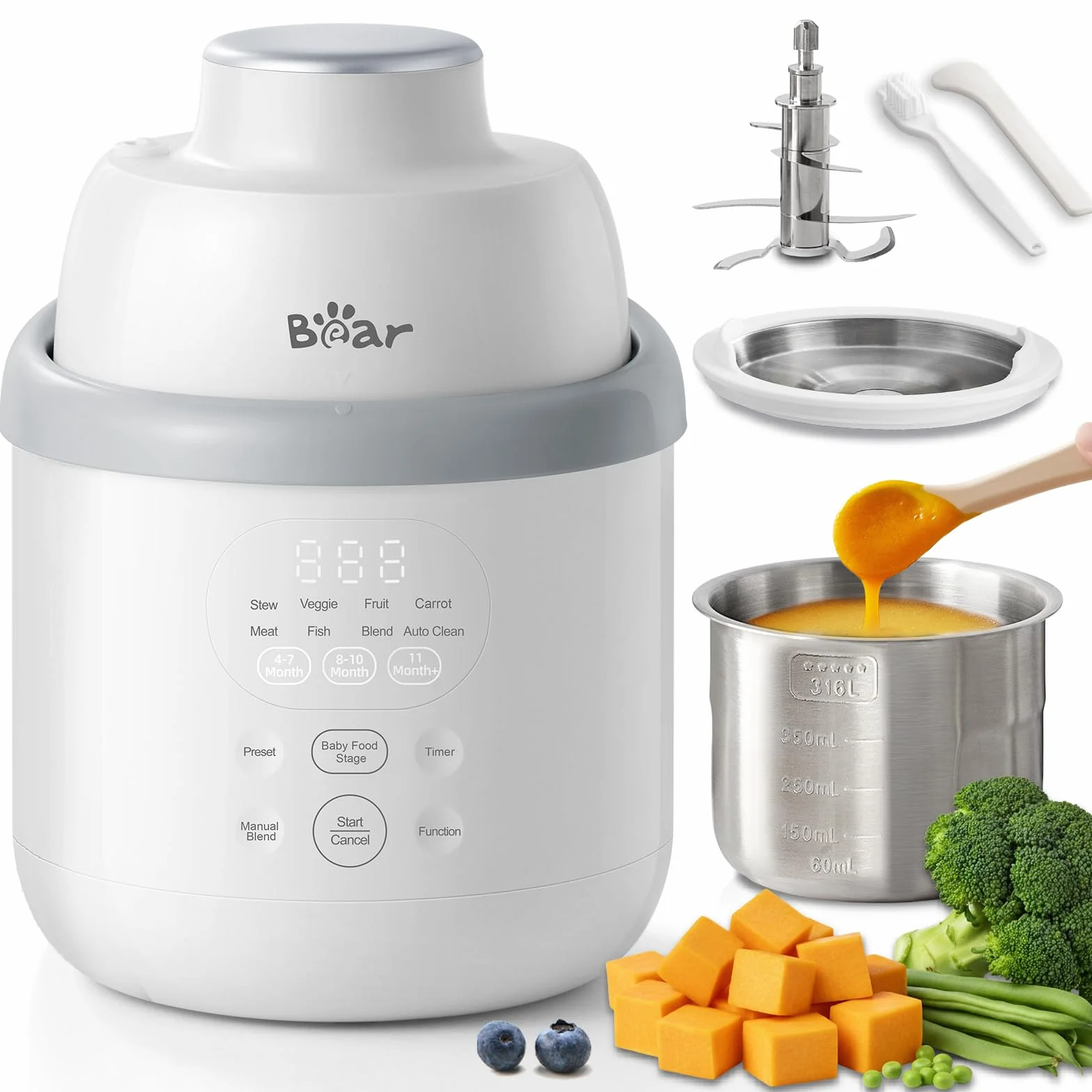 Bear NutriEase AllStage Robot Cuiseur Bébé Multifonctions 10 en 1 Acier Inoxydable, Cuiseur Vapeur Mixeur OneStep, Sans BPA
