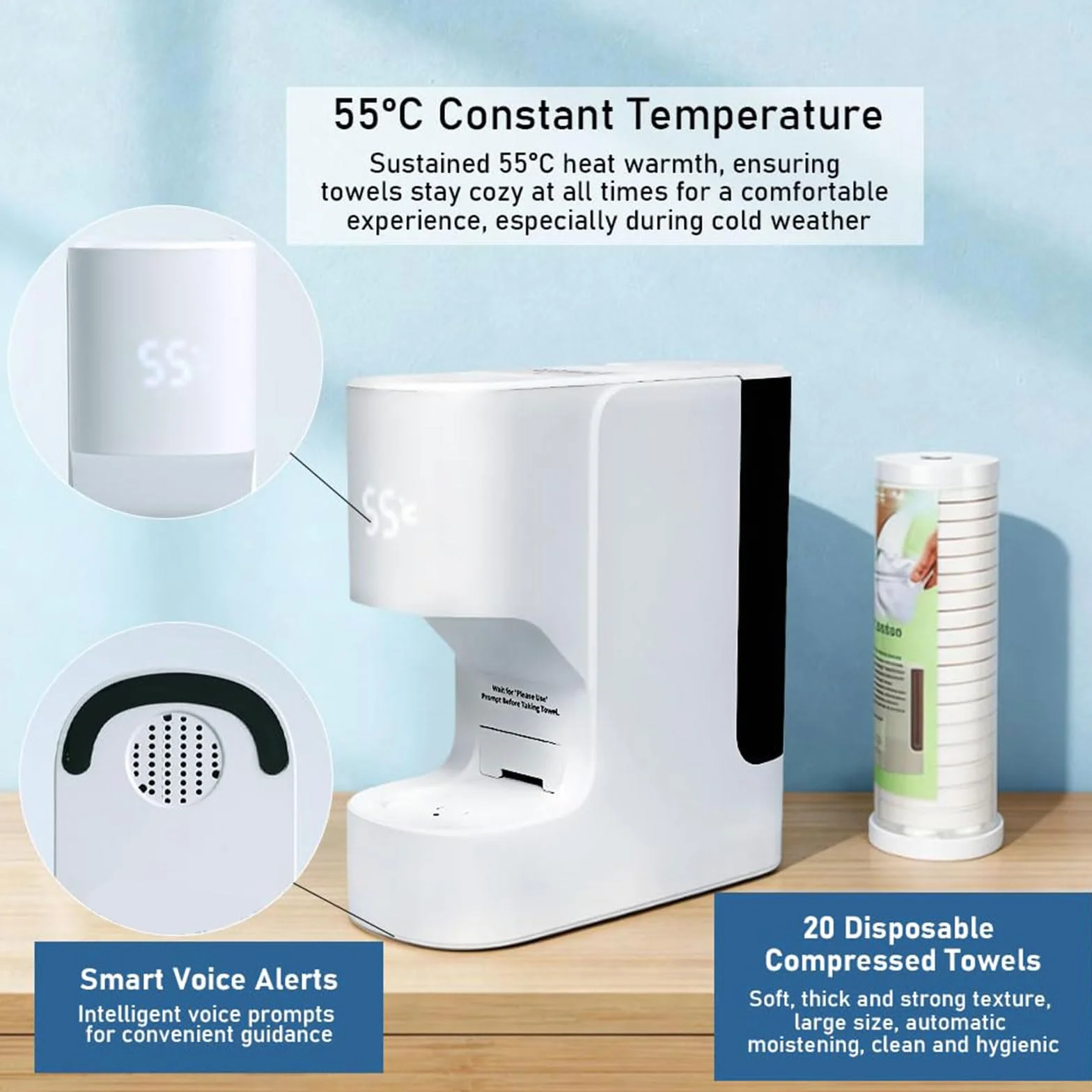 Distributeur de Serviettes Chaudes Intelligent 40 Serviettes Compressées 55℃ Chauffage 5s