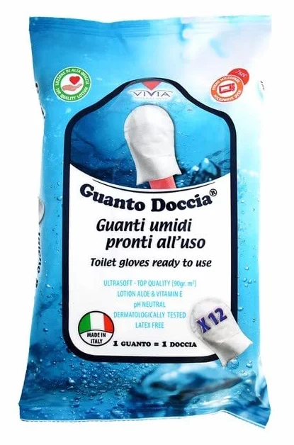Guanto Doccia Lot de 6 Paquets Gants de Douche Humides Savonneux 72 Pièces Hygiène Corporelle Sans Rinçage Fabriqué en Italie