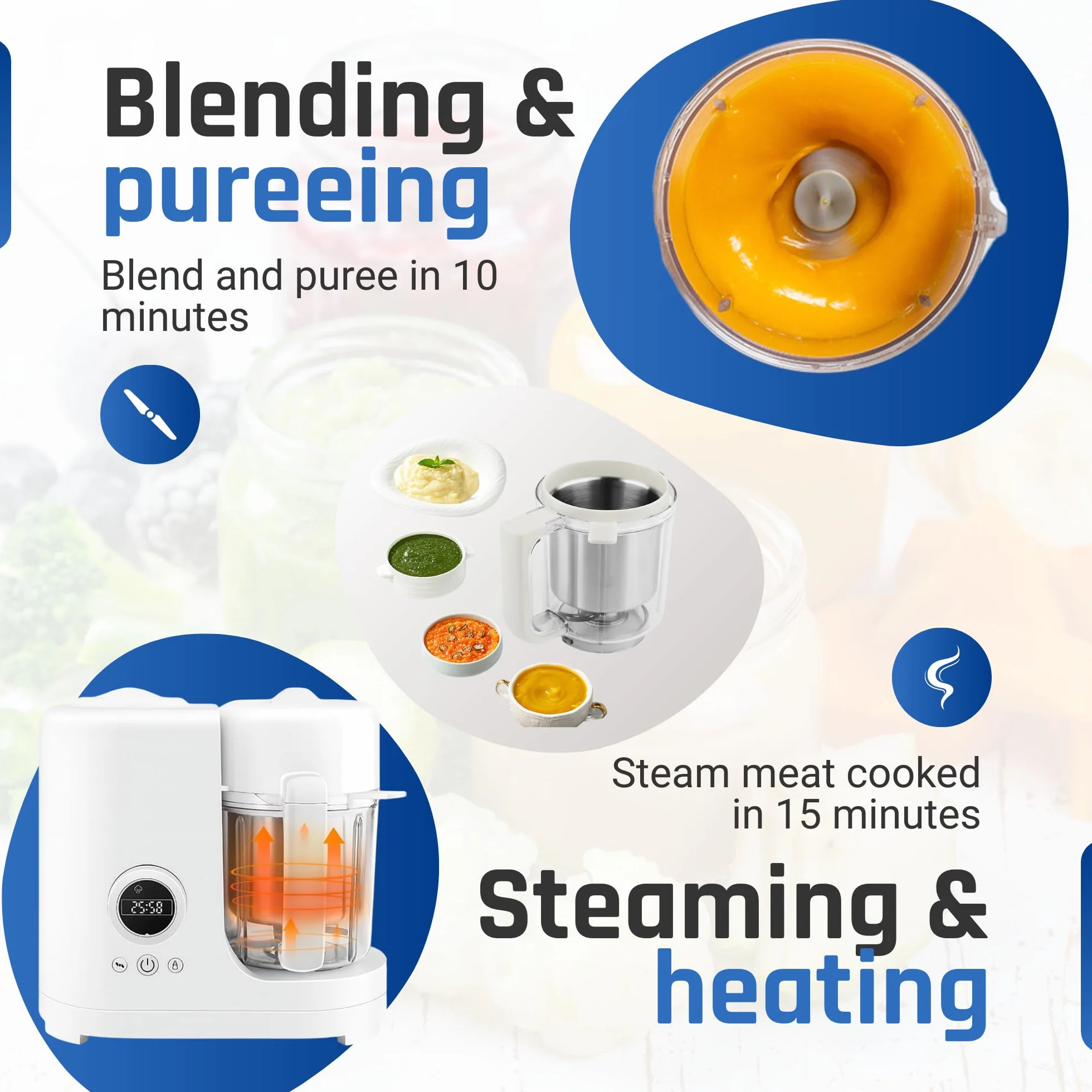 Robot culinaire bébé 6-en-1 cuiseur vapeur mixeur purée bol inox 300 ml sans BPA