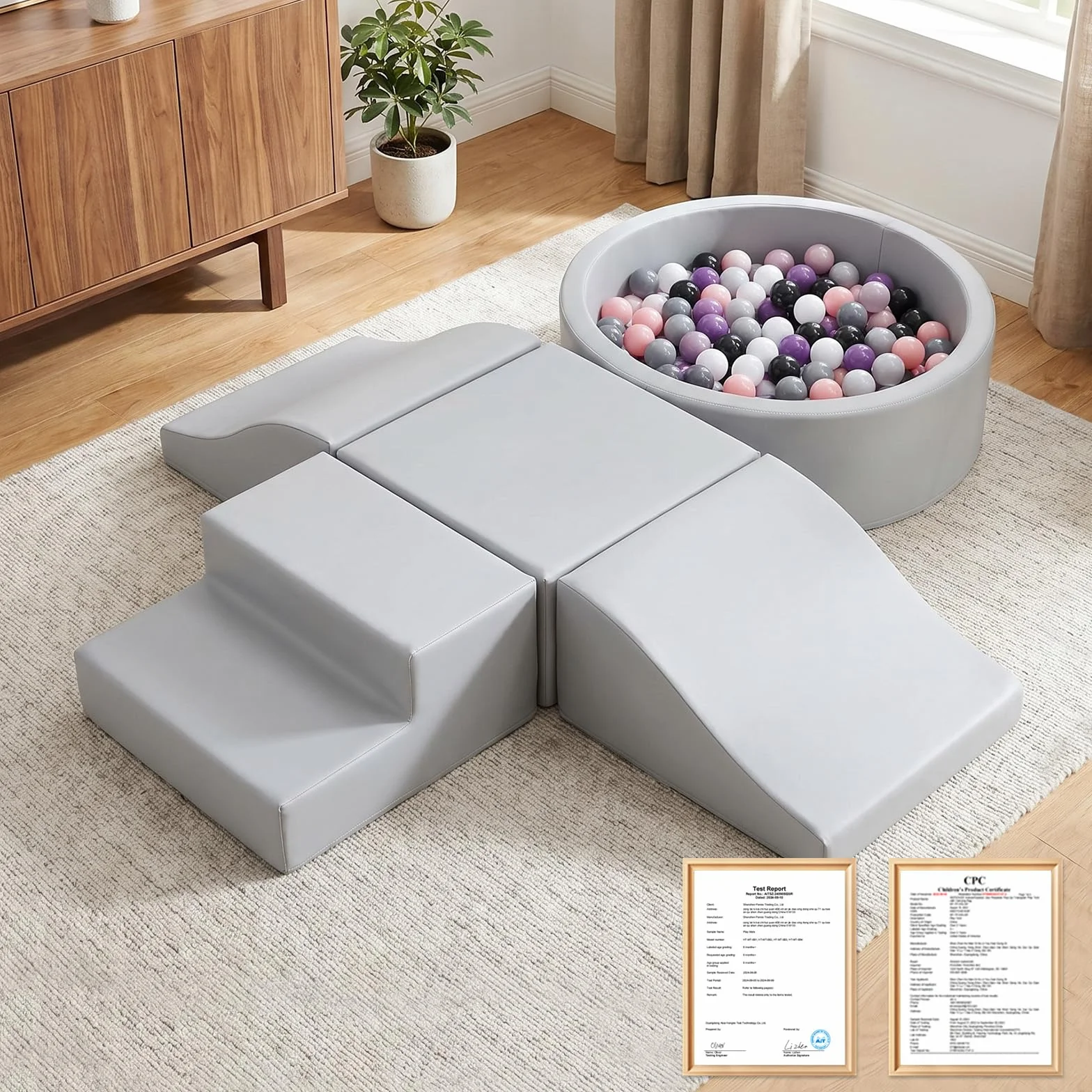 Lot de 5 jouets d'intérieur en cuir synthétique pour bébé avec piscine à balles - Jeu de blocs de construction en mousse - Jouet d'escalade et de ramper