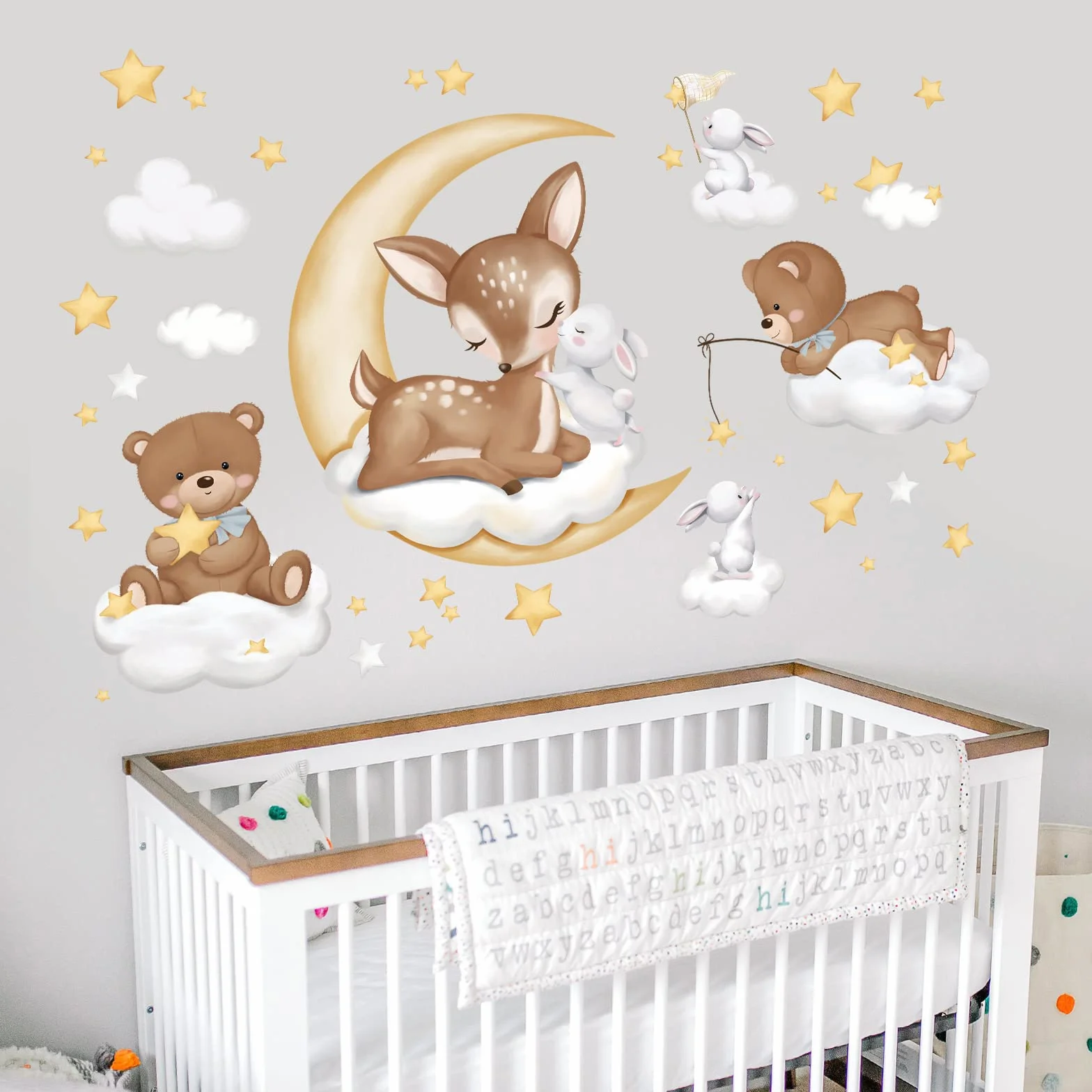 Wondever Autocollants Muraux Animaux Endormis Cerf Ours Lune Nuage pour Chambre Enfants