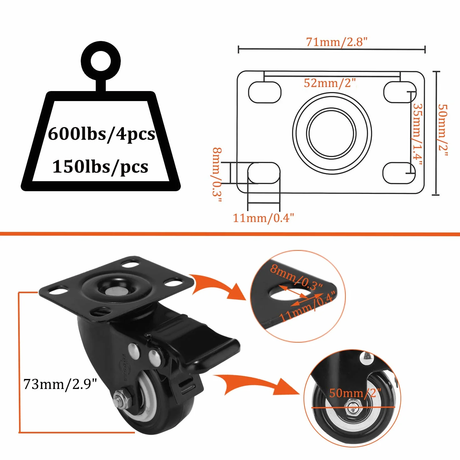 Roulettes Pivotantes avec Frein pour Meubles Charge Lourde 50mm 270KG Roue en Caoutchouc