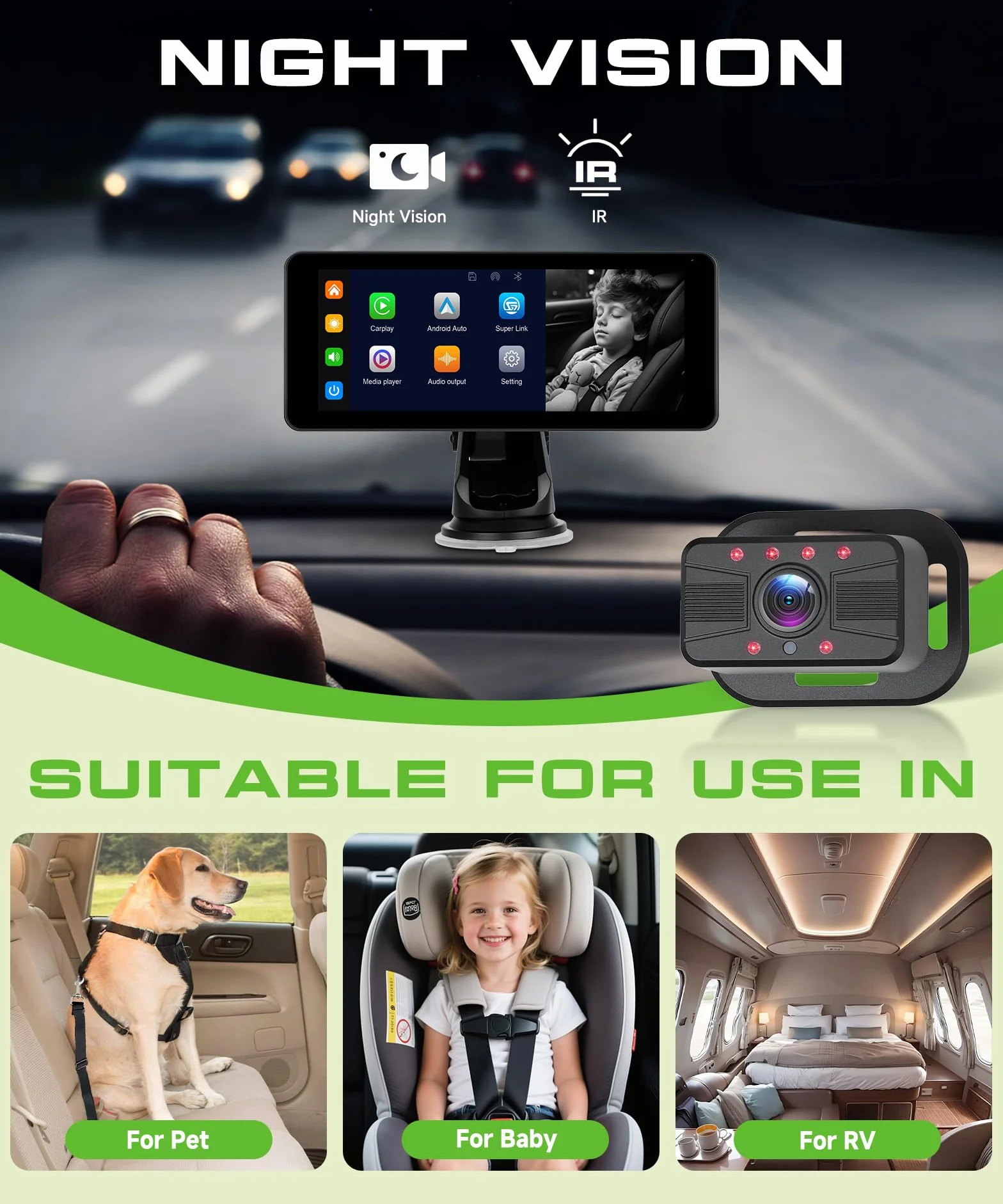 VECHTEL Camera Voiture bébé 2 enfants écran partagé 6,86 pouces HD 720P vision nocturne rotative 360° support ventouse