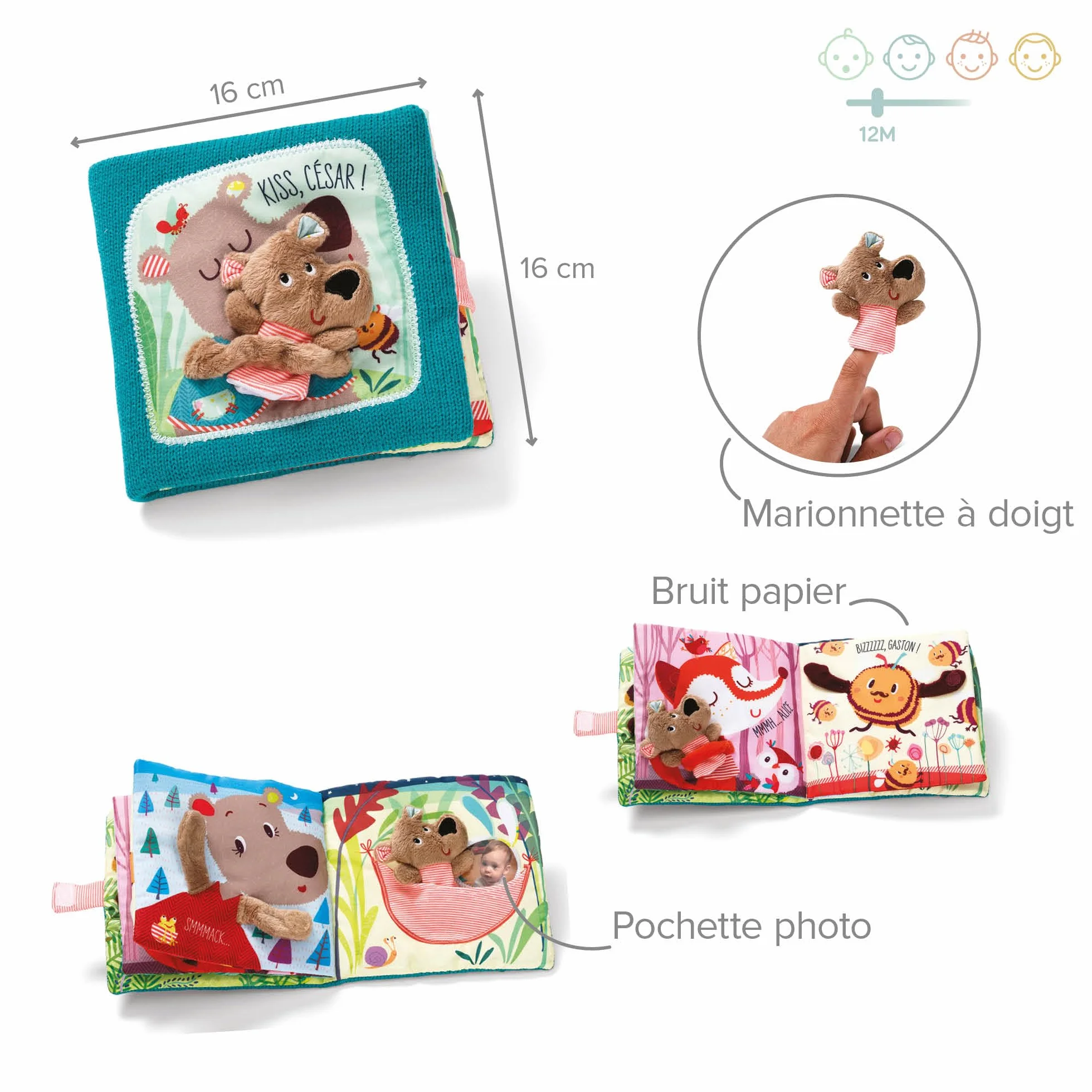 Lilliputiens Livre d’Éveil en Tissu César Câlins avec Marionnette à Doigt pour Bébé Dès 12 Mois