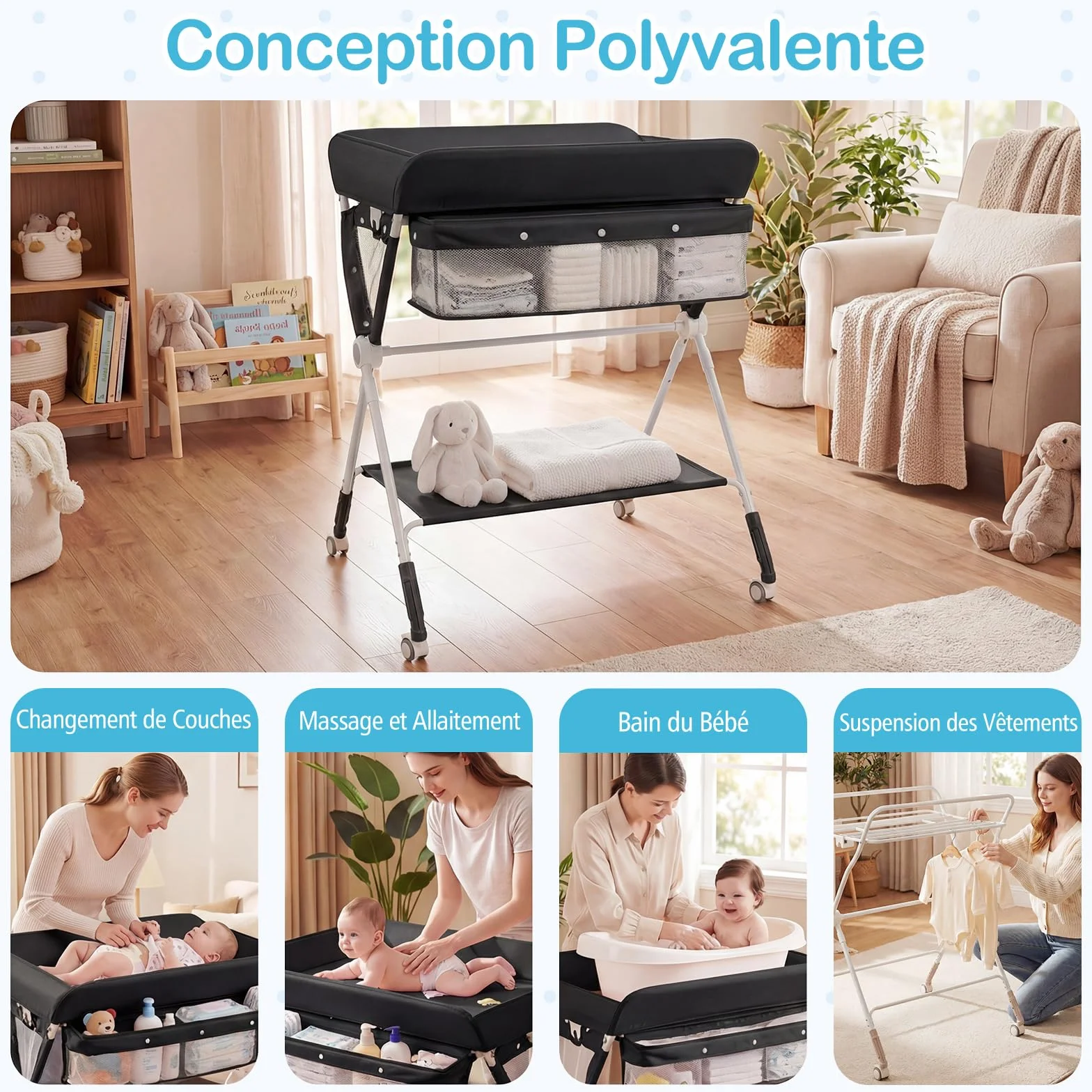 COSTWAY Table à Langer Pliante Bébé Réglable Hauteur 3 Niveaux Roulettes Étagère Panier Organiseur Mobile Noir