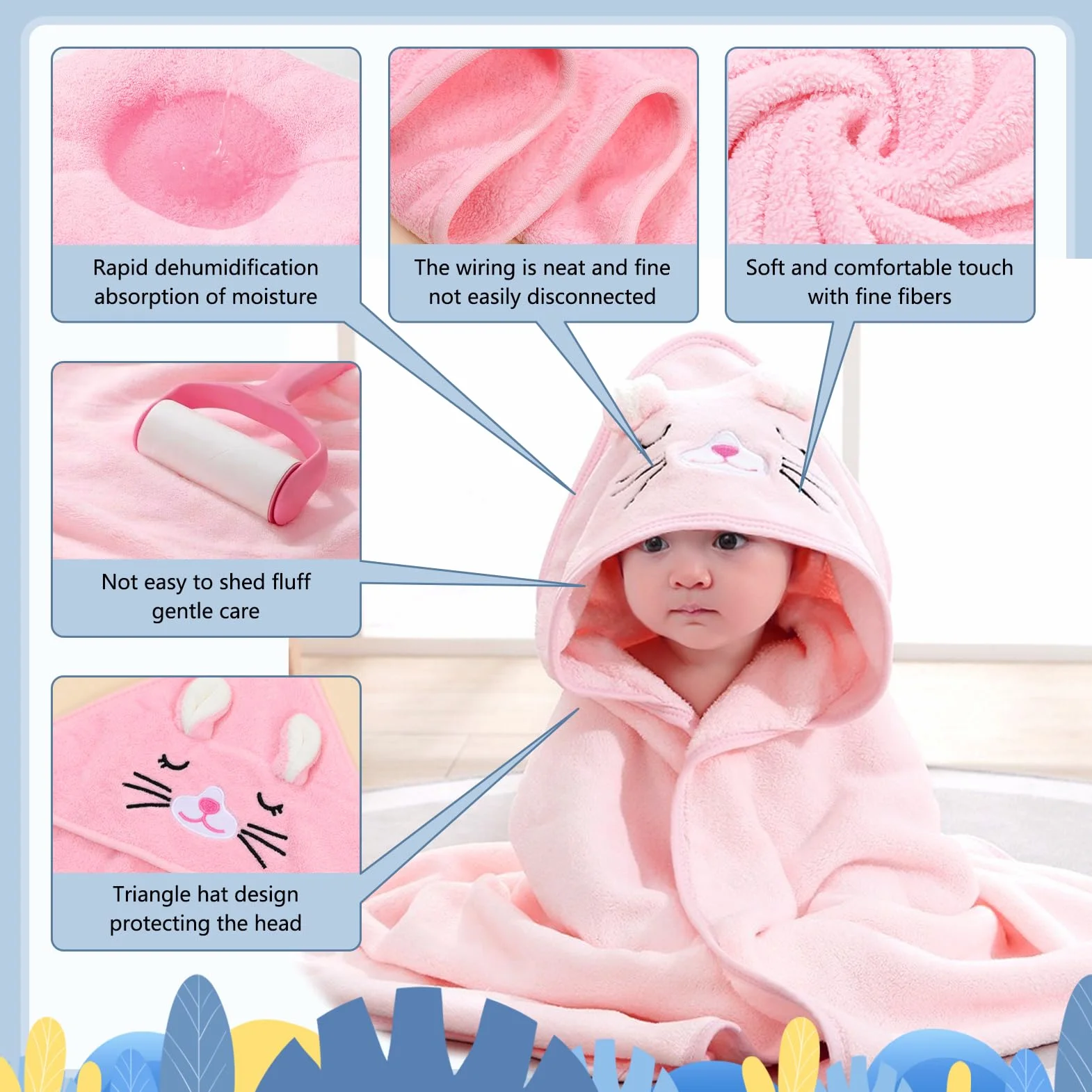 Serviette à capuche bébé 80x80 cm polaire corail absorbante animal chevreuil chat ours